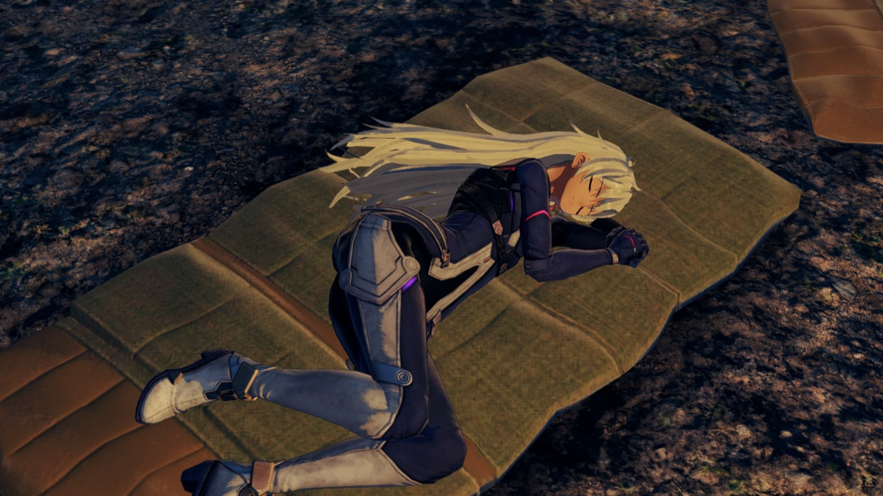 screenshot of the Nintendo Switch RPG Xenoblade Chronicles 3 : Future Redeemed featuring the character A as seen from above sleeping by a campsite