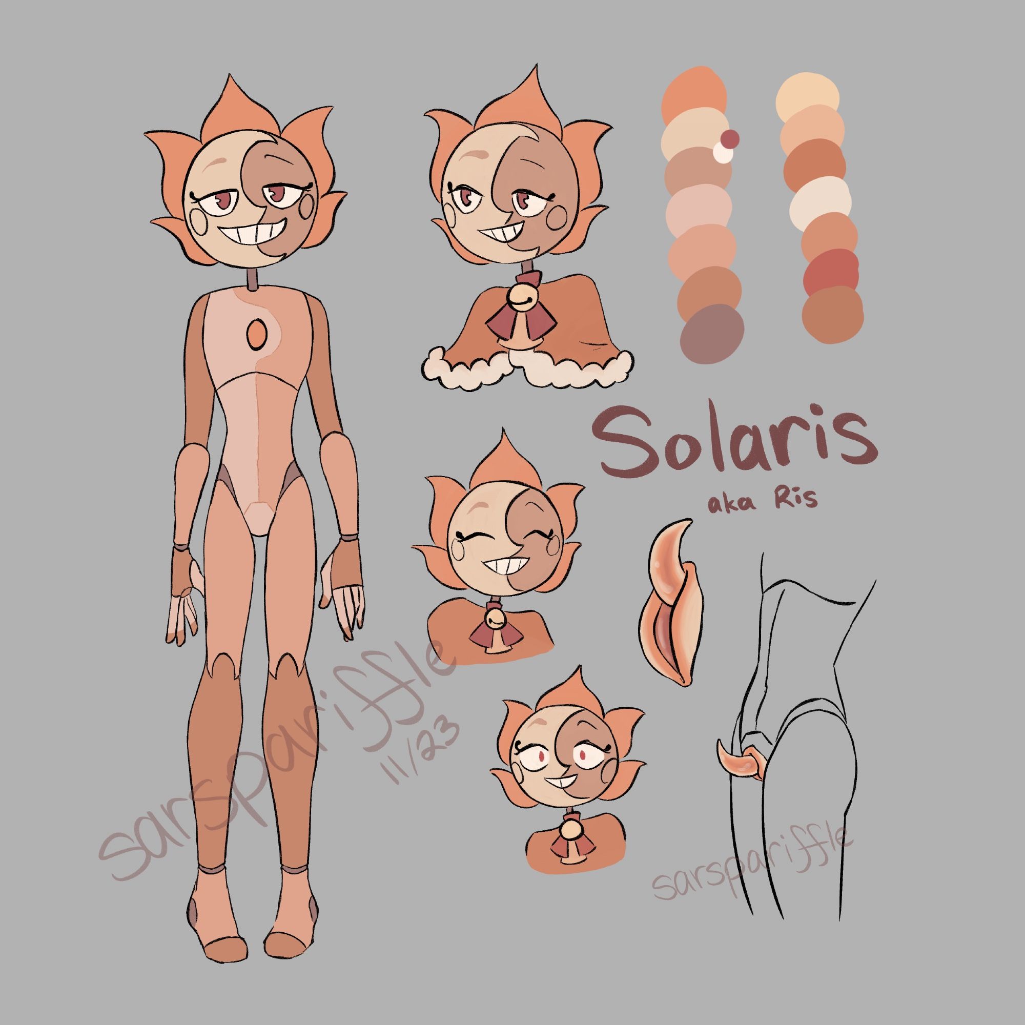 Identical digital drawing to the first image, with Solaris nude an an added drawing of their genitalia. They have a vagina and a large clitoris that are orange, yellow, and red in colour.