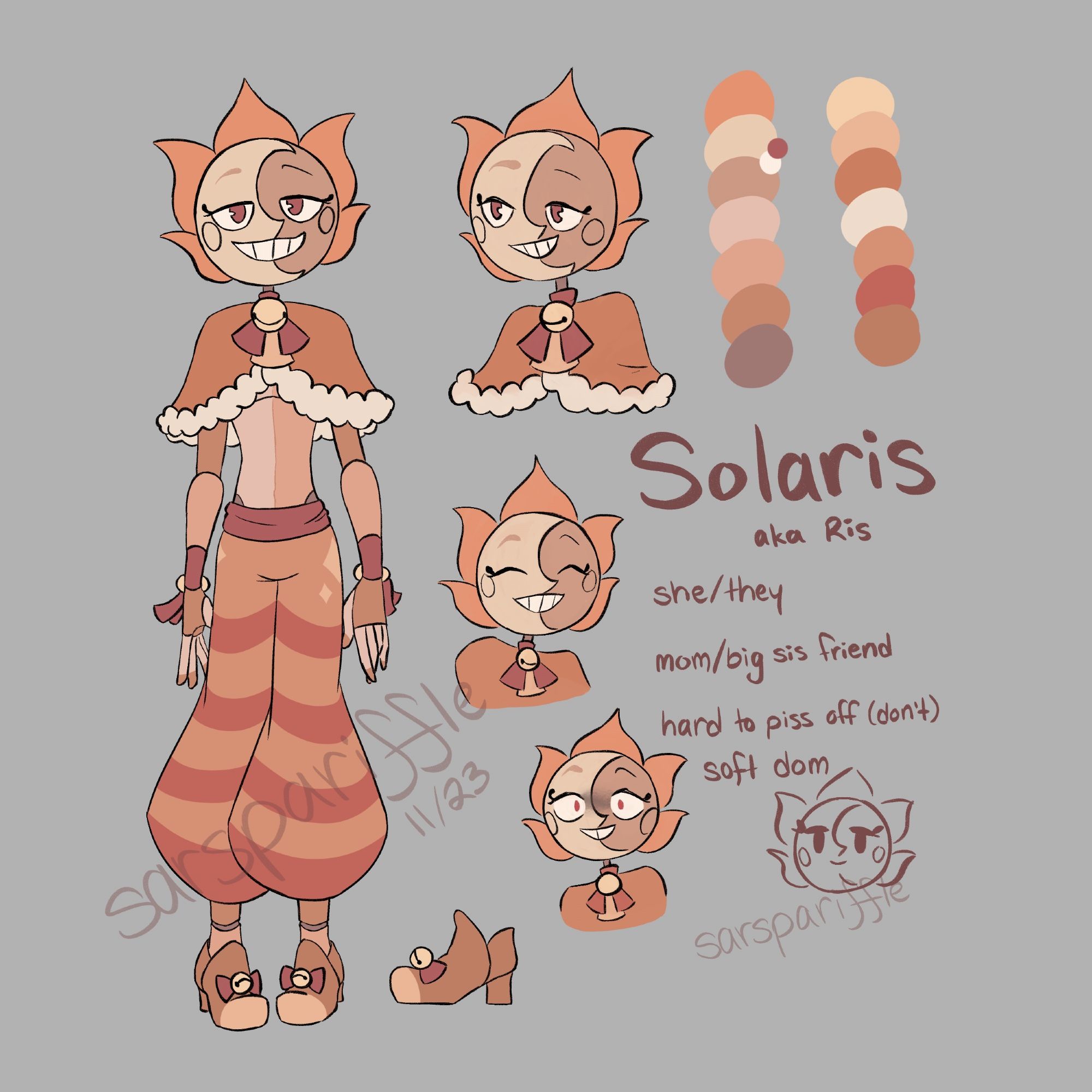 Digital drawing of a Daycare Attendant original character. They have flame-shaped rays around their head, orange-red eyes, a short cape with a fluffy trim, and a primarily orange and red colour scheme. Text reads: Solaris, aka Ris. She/they, mom/big sis friend, hard to piss off (don't), soft dom.