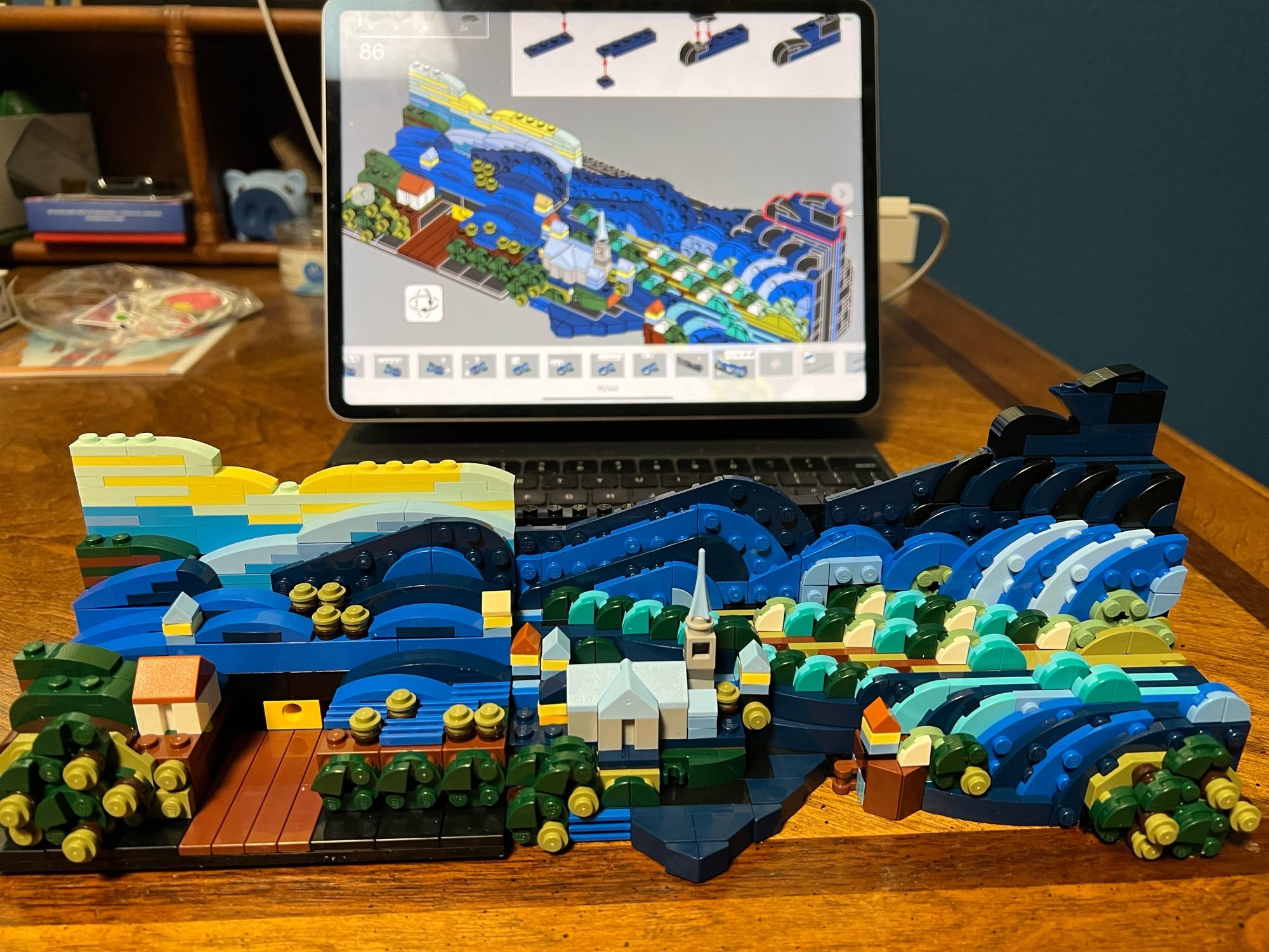 LEGO Starry Night progression, a wee countryside with houses, a tiny church, & rolling hills