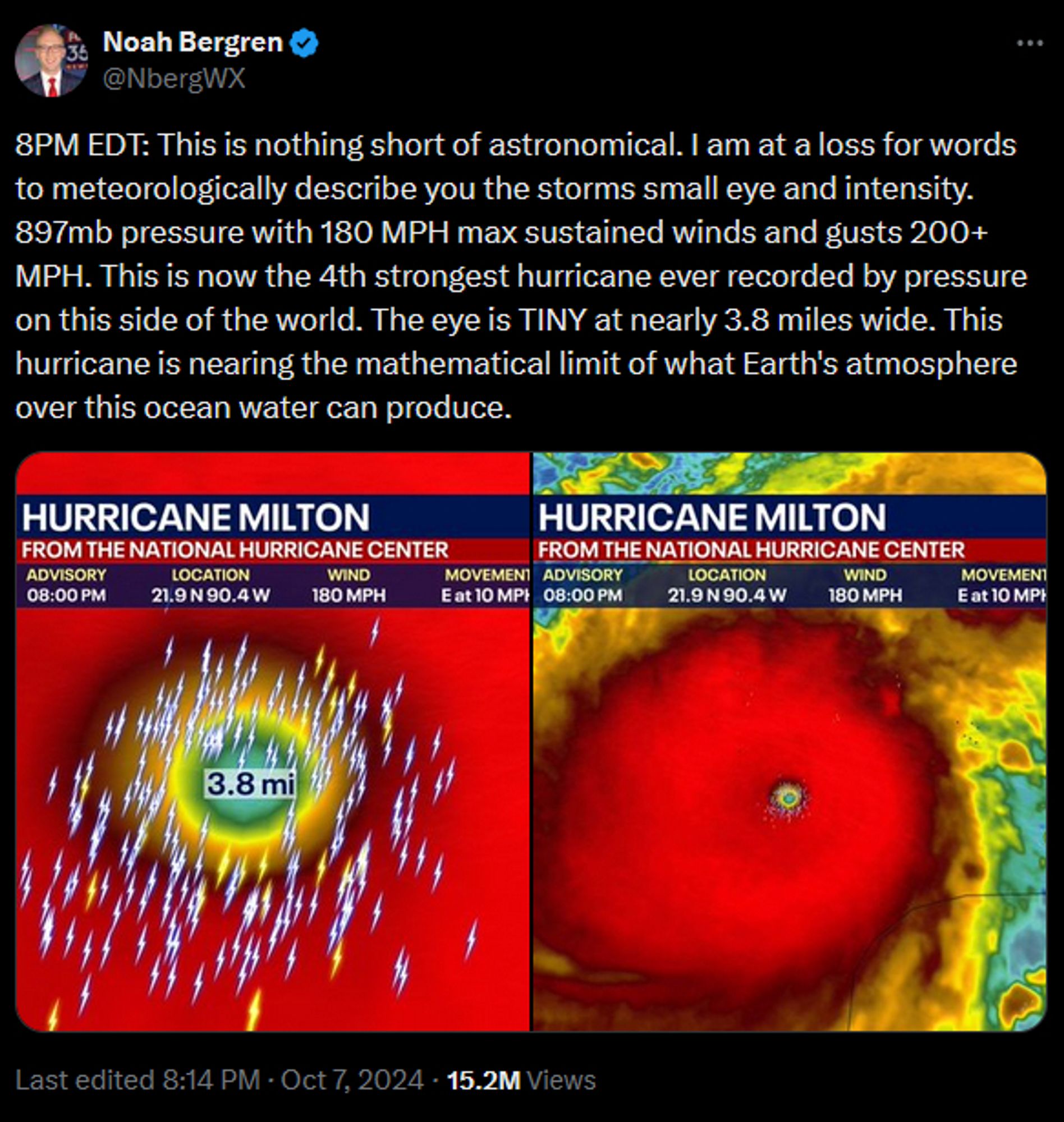 Noah Bergren:

8PM EDT: This is nothing short of astronomical. I am at a loss for words to meteorologically describe you the storms small eye and intensity. 897mb pressure with 180 MPH max sustained winds and gusts 200+ MPH. This is now the 4th strongest hurricane ever recorded by pressure on this side of the world. The eye is TINY at nearly 3.8 miles wide. This hurricane is nearing the mathematical limit of what Earth's atmosphere over this ocean water can produce.