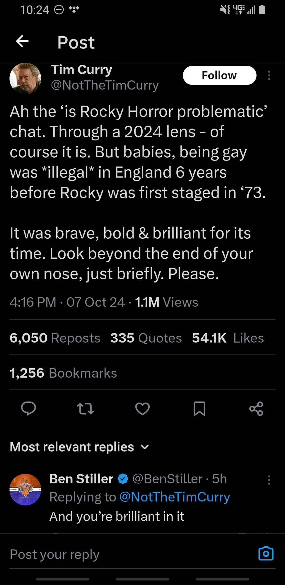 Tim Curry: "Ah the ‘is Rocky Horror problematic’ chat. Through a 2024 lens - of course it is. But babies, being gay was *illegal* in England 6 years before Rocky was first staged in ‘73.

It was brave, bold & brilliant for its time. Look beyond the end of your own nose, just briefly. Please."