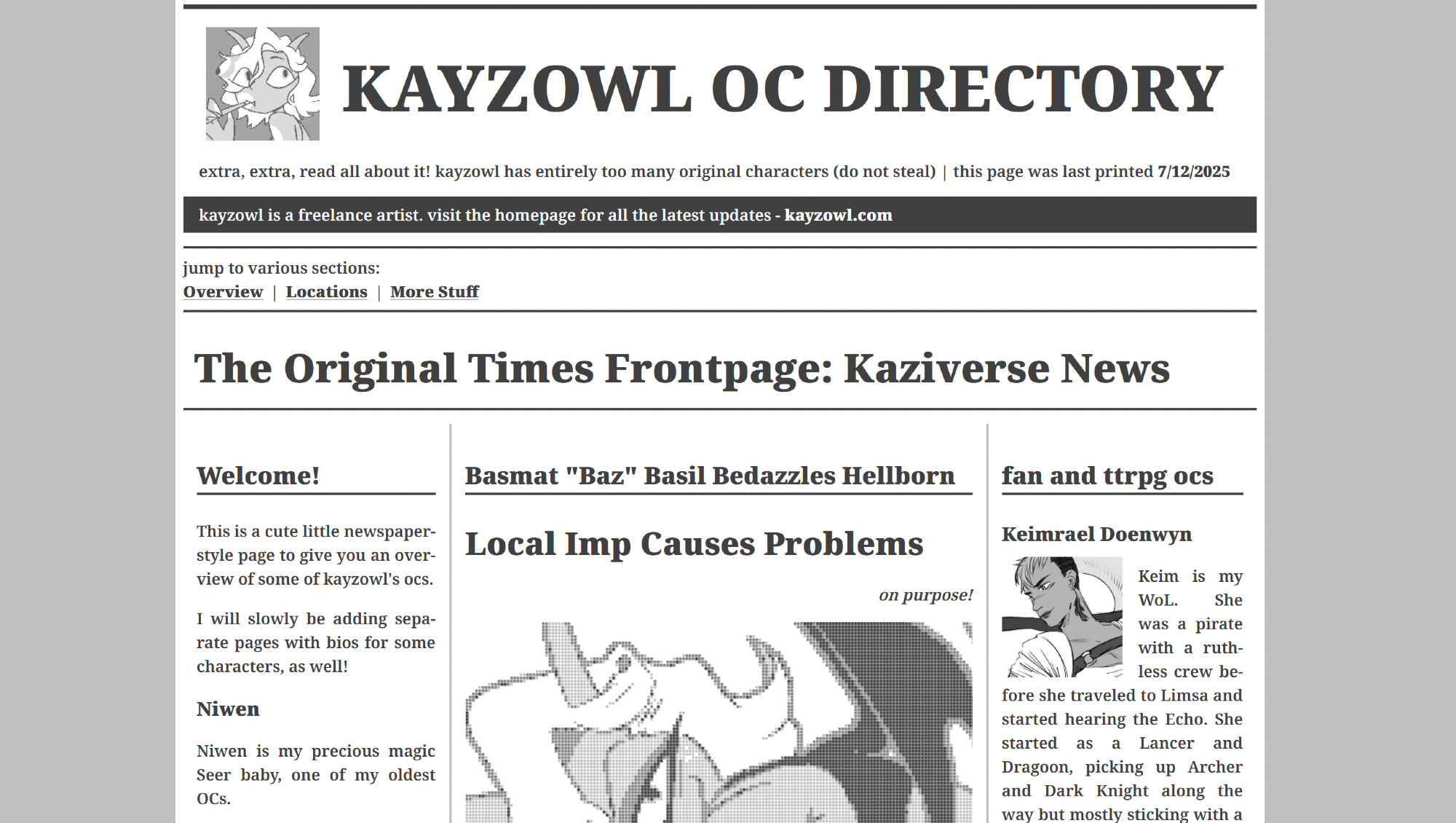 screencap of my website that looks like the front page of a newspaper with headlines and articles and pixelated black and white photos.