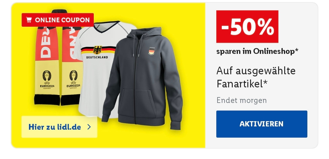 ein screenshot aus der lidl plus app, der 50% rabatt auf deutschland fanartikel ausweist