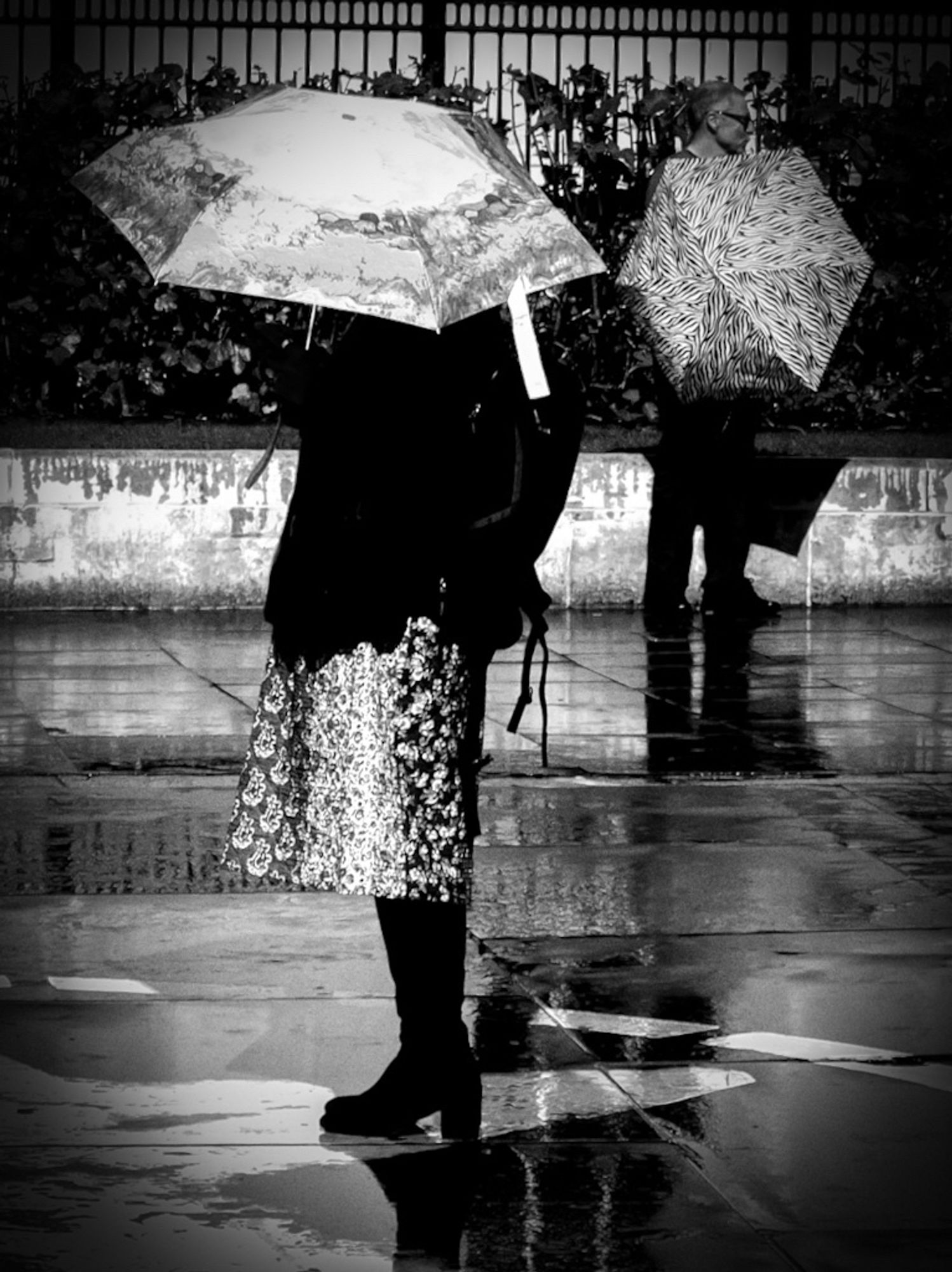 A high contrast black and white photo of two people with patterned umbrellas in rainy Trafalgar Square.