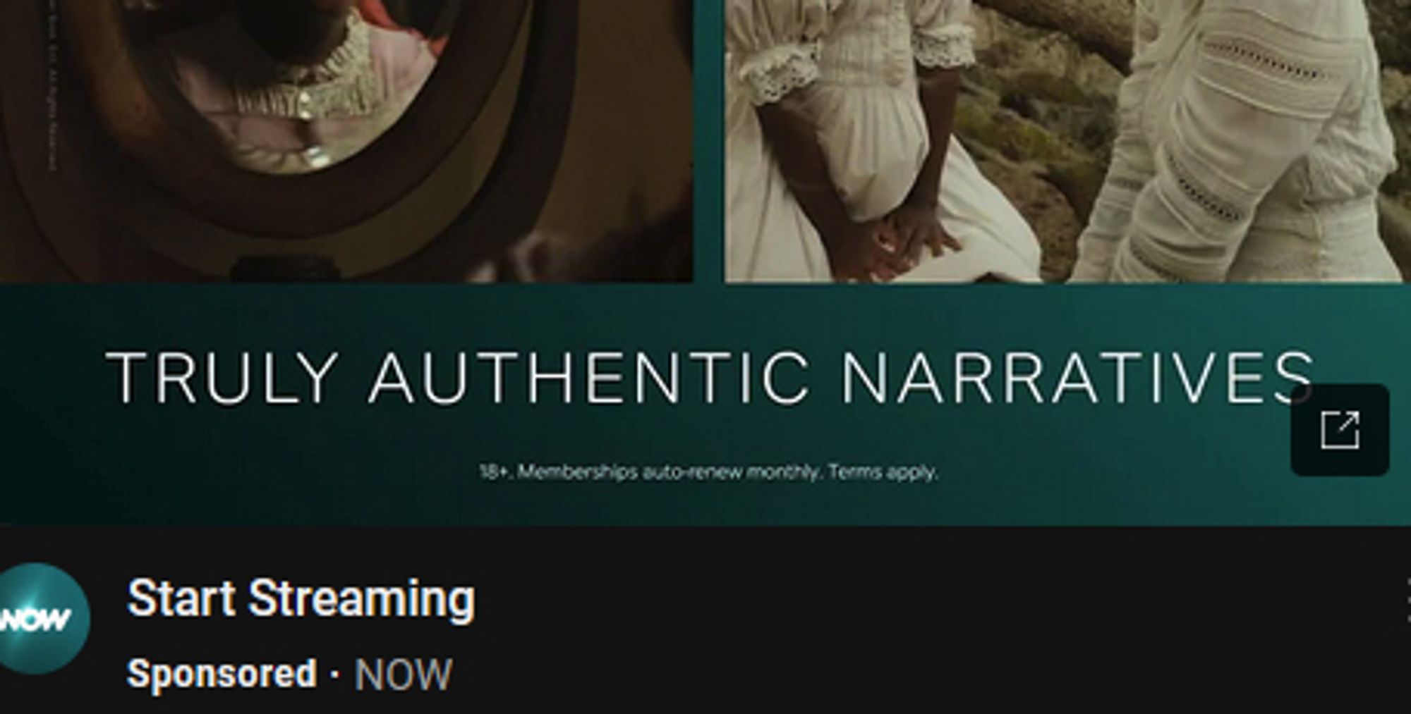 A cropped screen shot pf an advert for NowTV that has the caption "Truly Authentic Narratives" splattered across it.