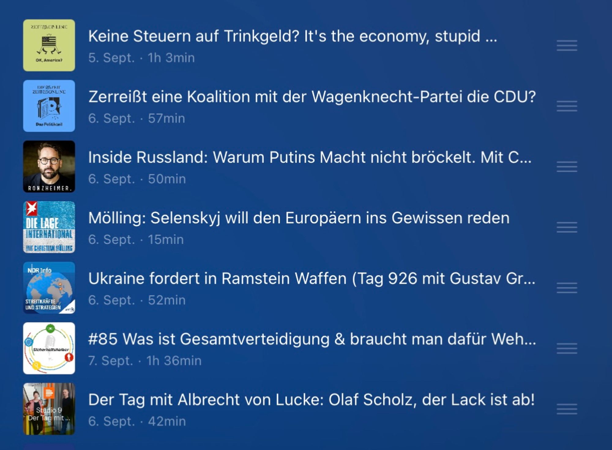 OK, America?: „Keine Steuern auf Trinkgeld? It's the economy, stupid ...“ | Das Politikteil: „Zerreißt eine Koalition mit der Wagenknecht-Partei die CDU?“ | Ronzheimer: „Inside Russland: Warum Putins Macht nicht bröckelt. Mit Christoph Wanner“ | Die Lage international mit Christian Mölling: „Mölling: Selenskyj will den Europäern ins Gewissen reden“ | Streitkräfte und Strategien: „Ukraine fordert in Ramstein Waffen (Tag 926 mit Gustav Gressel)“ | Sicherheitshalber: „#85 Was ist Gesamtverteidigung & braucht man dafür Wehrpflicht? | Zeitenwende im Katastrophenschutz?“ | Sudio 9: „Der Tag mit Albrecht von Lucke: Olaf Scholz, der Lack ist ab!“