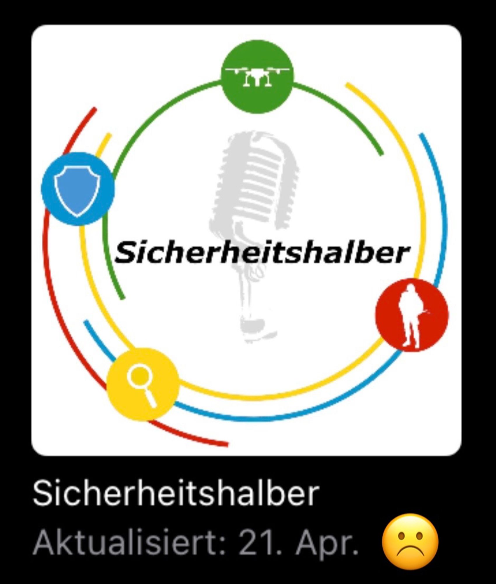 Podcast-Kachel des Podcasts ‘Sicherheitshalber‘ in Apple Podcasts: zuletzt aktualisiert am 21. April …versehen mit dem “Smiley“ mit tief nach unten gezogenen Mindwinkeln [☹️].