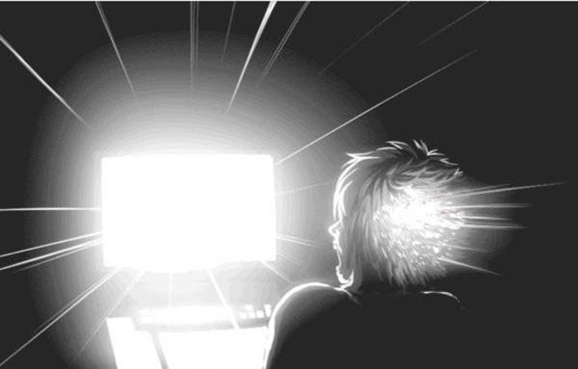 drawing of a guy being absolutely blinded by their computer monitor