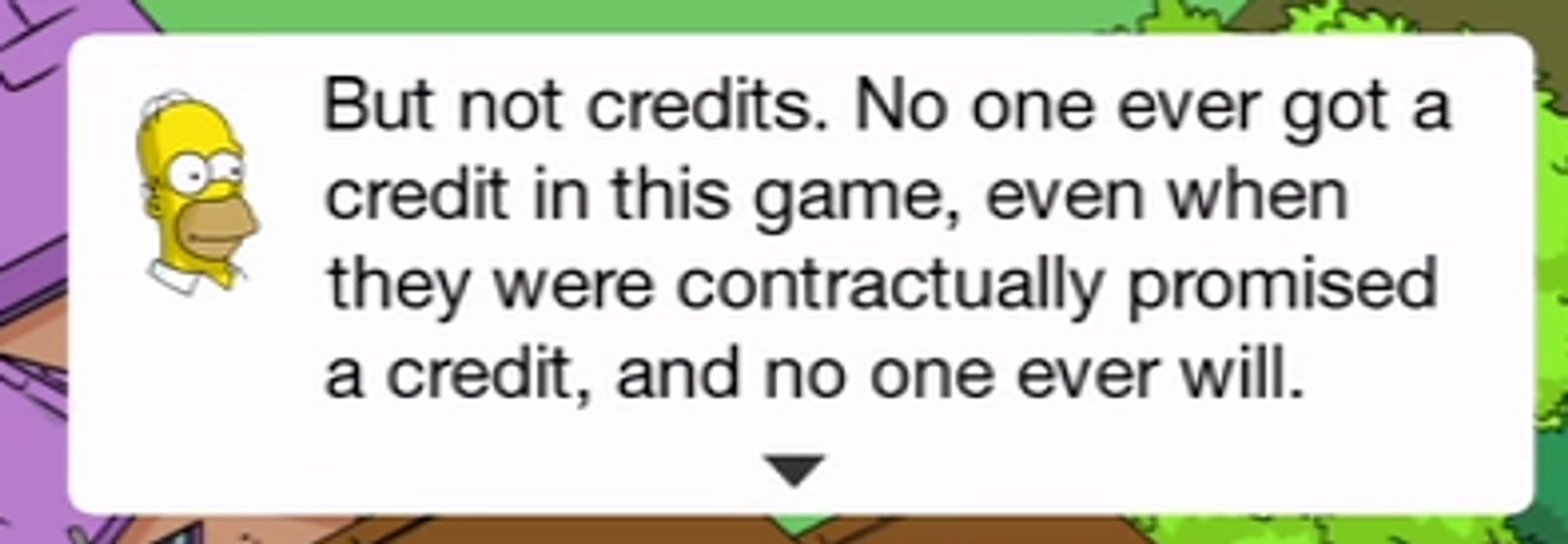 Homer: But not credits. No one ever got a credit in this game, even when they were contractually promised a credit, and no one ever will.