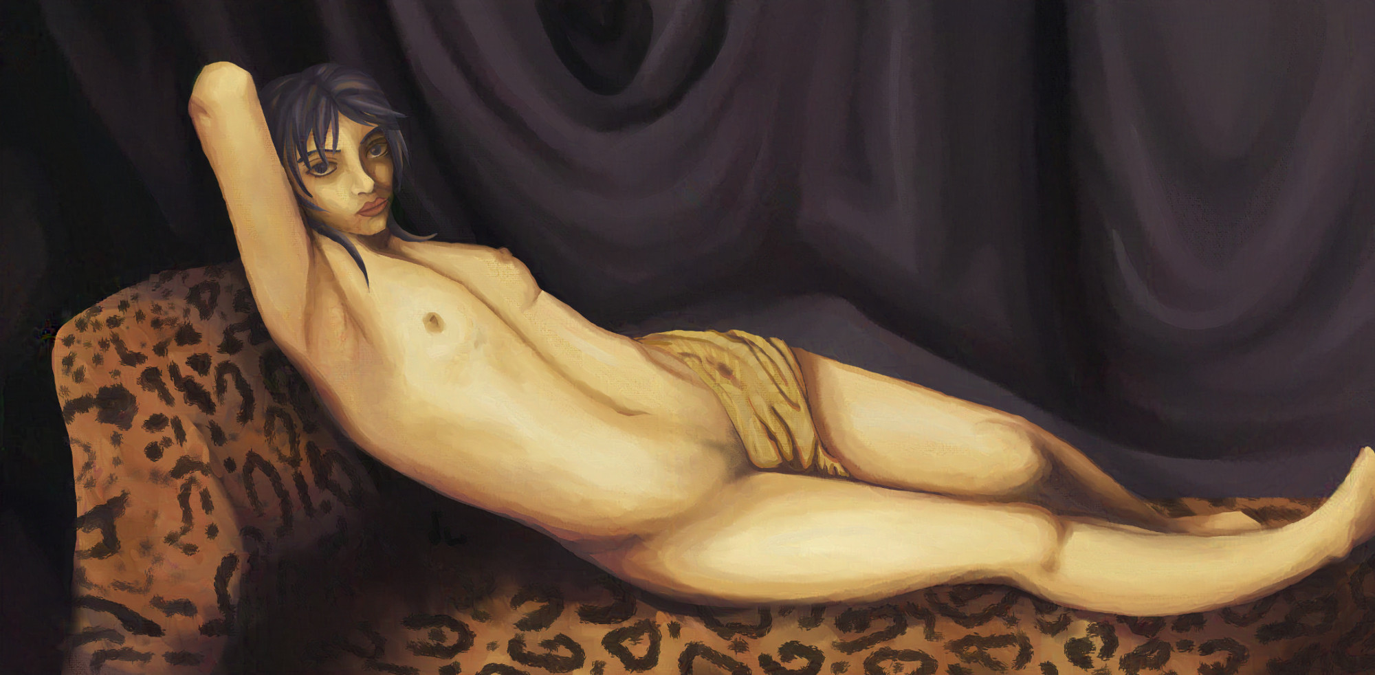 Partial nude digital painting of Yuri from Fire Emblem Three Houses on a leopard print couch