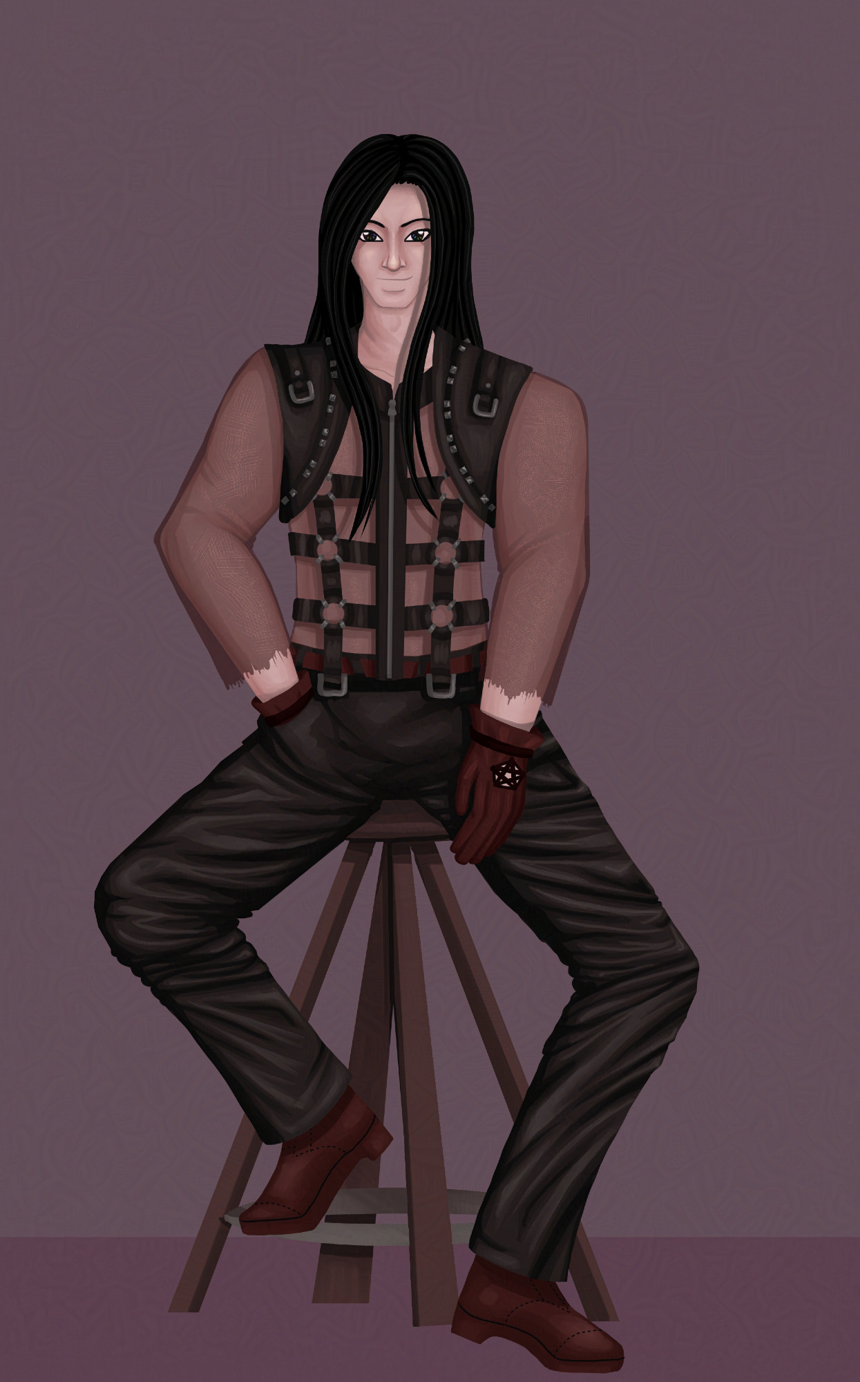 Punk goth guy with a mesh shirt, black harness work and leather pants.