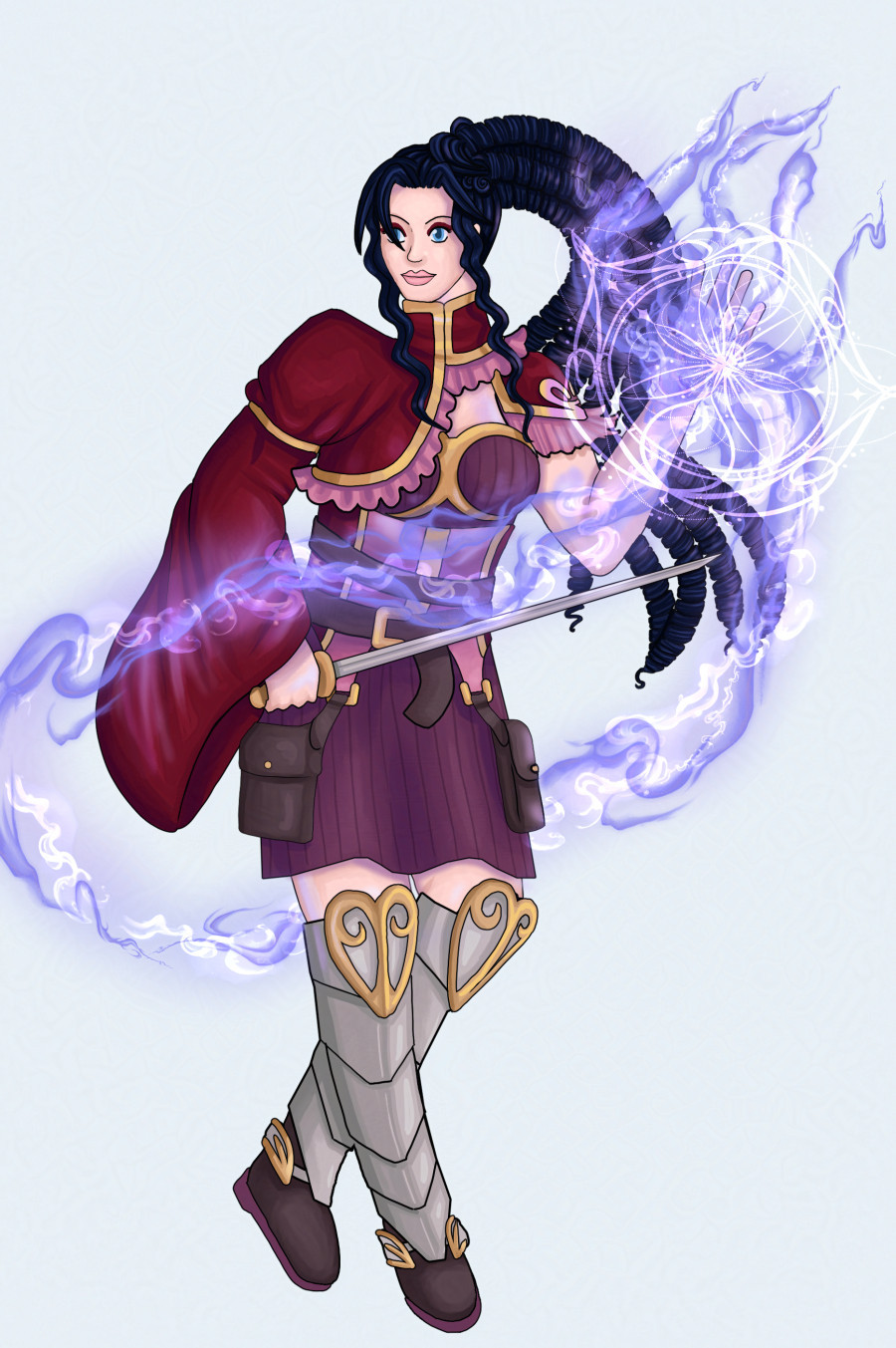 Anime-style digital art of a lady with black curled hair wielding a sword and magic