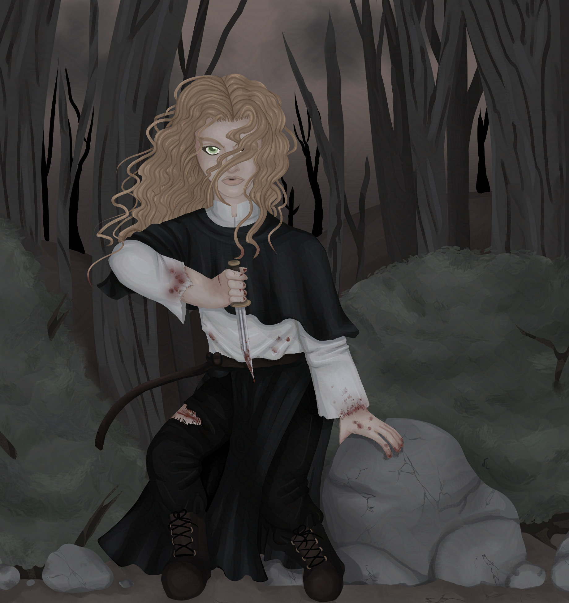 Digital piece of a girl in the woods holding a knife and crouching.  Destaturated colours and stylized face.