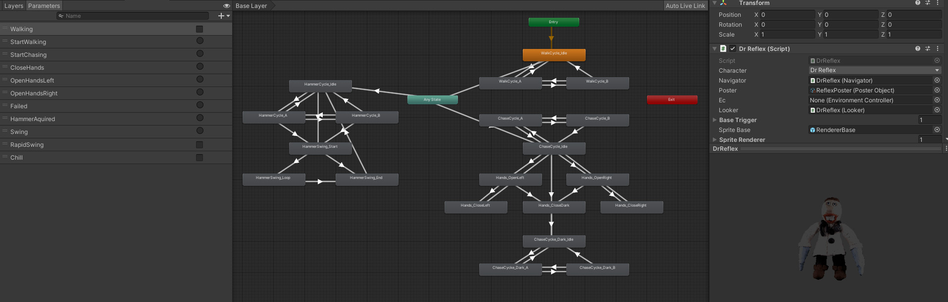 Dr. Reflex's animation state machine in the Unity Editor.