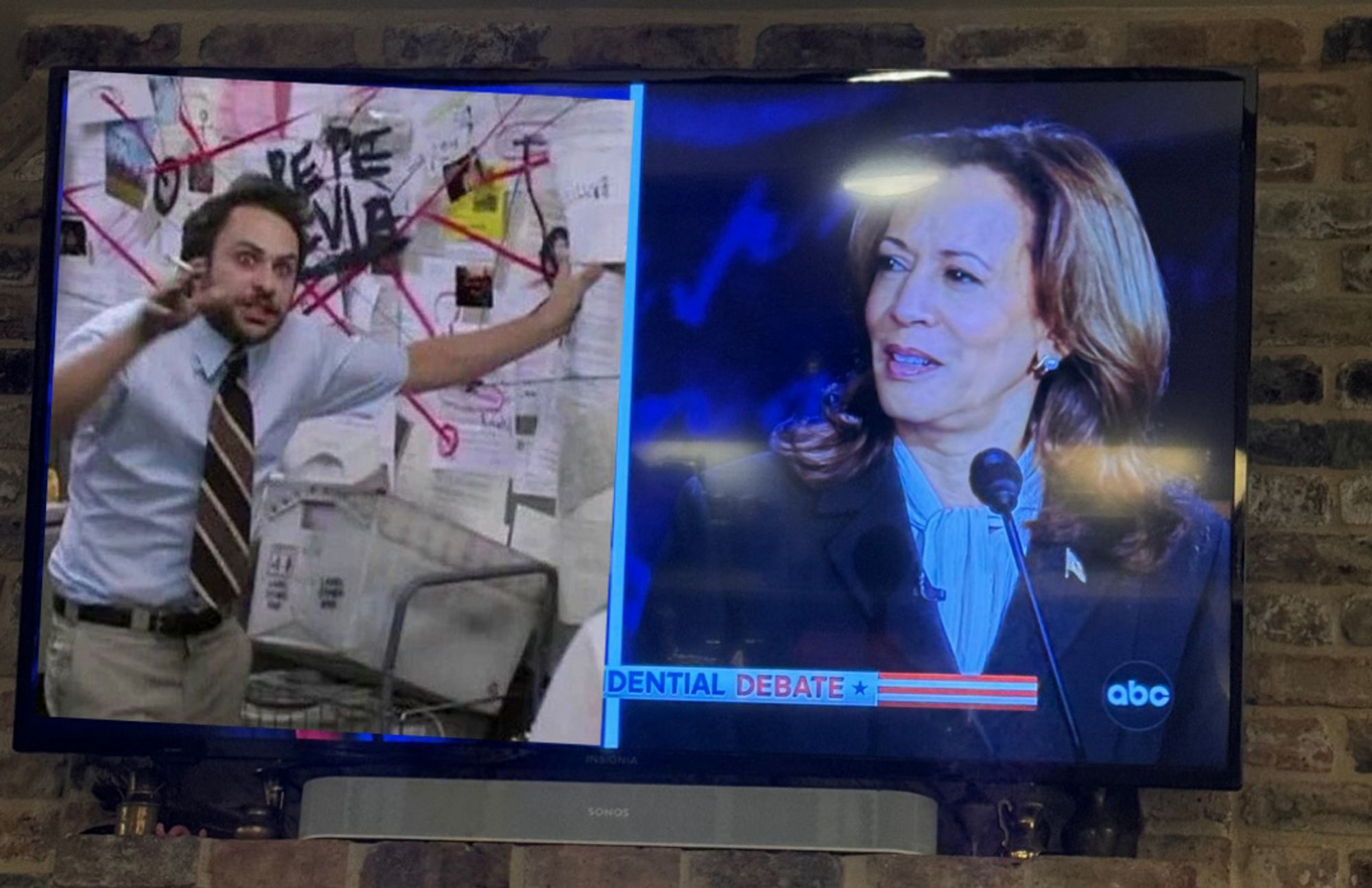 Kamala Harris debating the Charlie day conspiracy meme