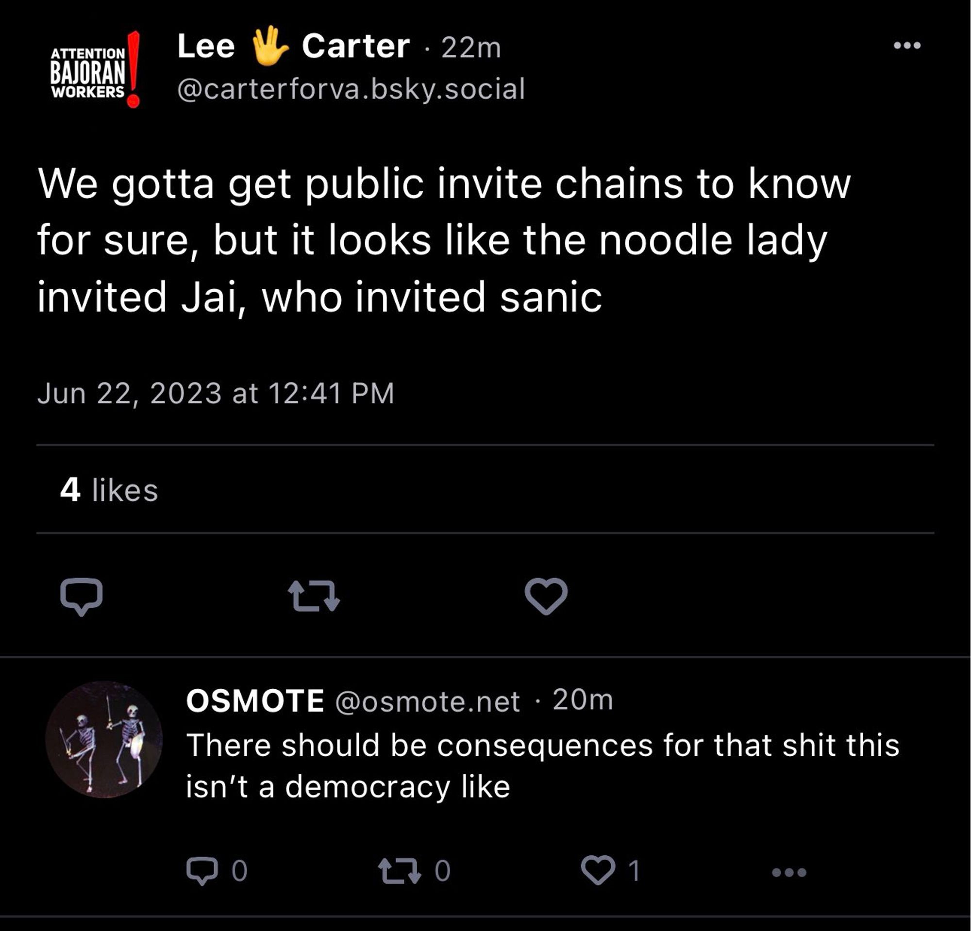 screen shot of leecarterforva’s post from june 22, 2023: We gotta get public invite chains to know for sure, but it looks like the noodle lady invited Jai, who invited sanic