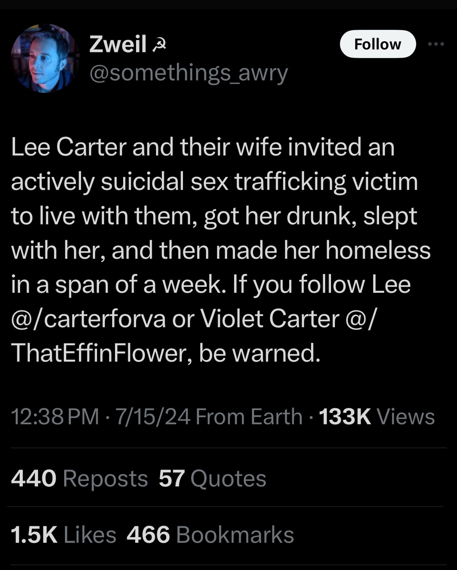 screenshot of tweet posted july 15, 2024: Lee Carter and their wife invited an actively suicidal sex trafficking victim to live with them, got her drunk, slept with her, and then made her homeless in a span of a week. If you follow Lee @/carterforva or Violet Carter @/ThatEffinFlower, be warned.