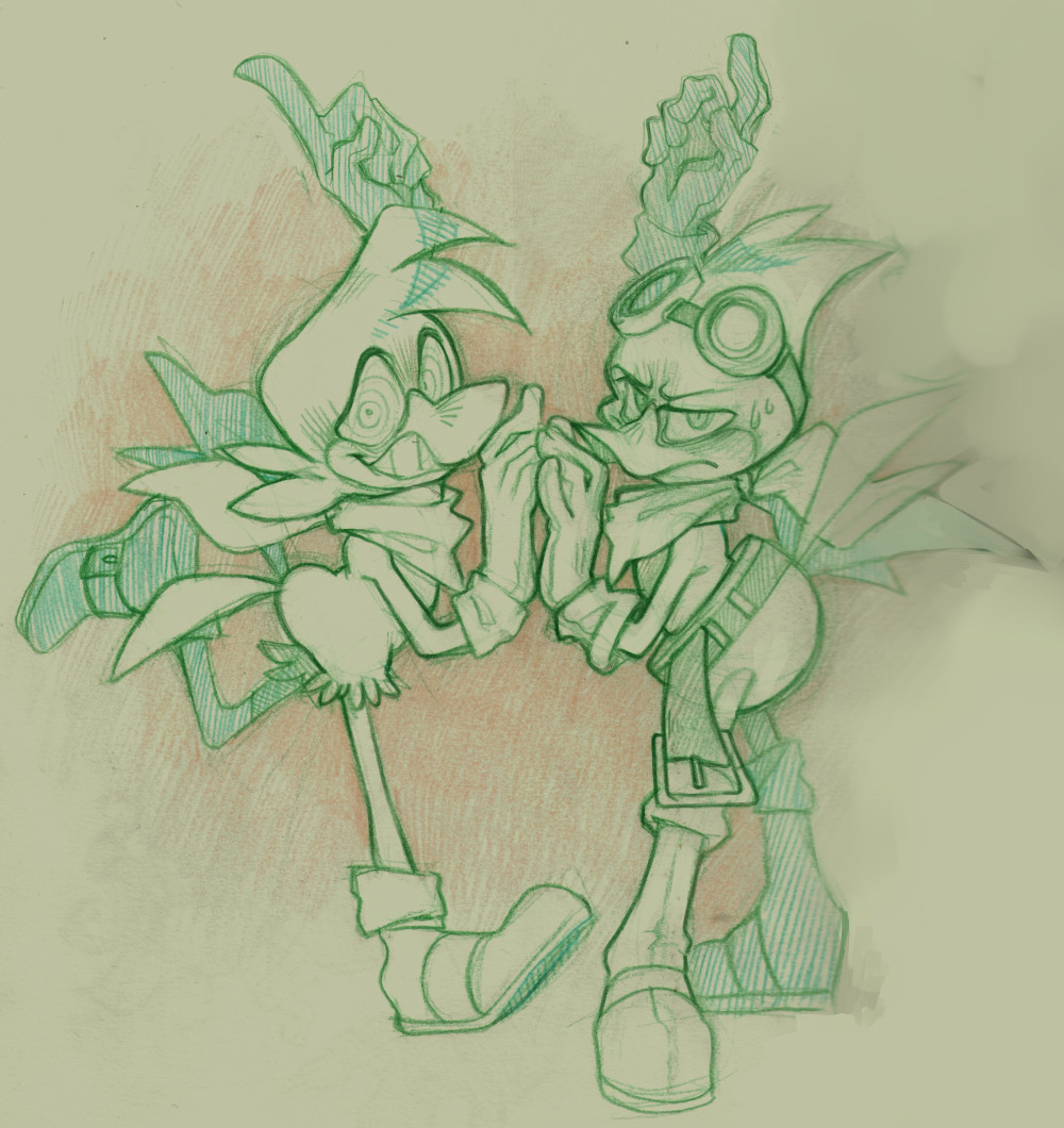 Traditional sketch of two cartoon bird characters (Bean and Speedy from the Sonic the hedgehog franchise) drawn in green pencil. 
Both figures have long limbs, large eyes. Bean (Left) is smiling with a crazed, active posture, while Speedy (right) looks more tense and frustrated, with a frown and a sweat drop on his face.

Both birds have scarves around their necks, with Bean having running shoes and Speedy wearing boots and a half-sphere harness around his waist

The background is lightly shaded in red and the overall paper is yellow.

#sth #art #traditionalart #fanart #sketch #wip