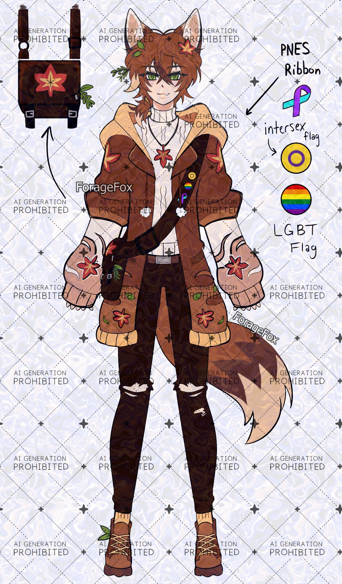 A standing reference of a kemonomimi (human with animal ears) with brownish red hair and fox attributes. The design features an androgynous design with an oversized coat, decorated with wind and maple leaf motifs. The design has an off-white turtleneck sweater and skinny jeans, giving the impression of a cool climate such as autumn / fall seasons. 