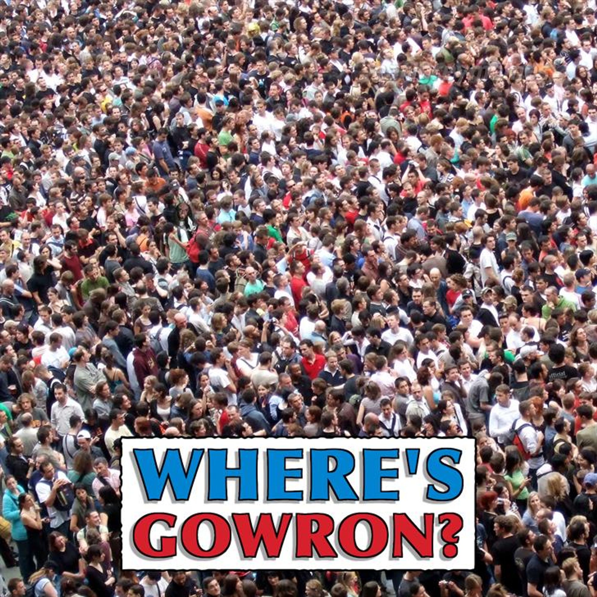 An overhead shot of a homogenous looking crowd of people with Gowron hidden somewhere within, with a logo in "Where's Waldo?" style but it says "Where's Gowron?"