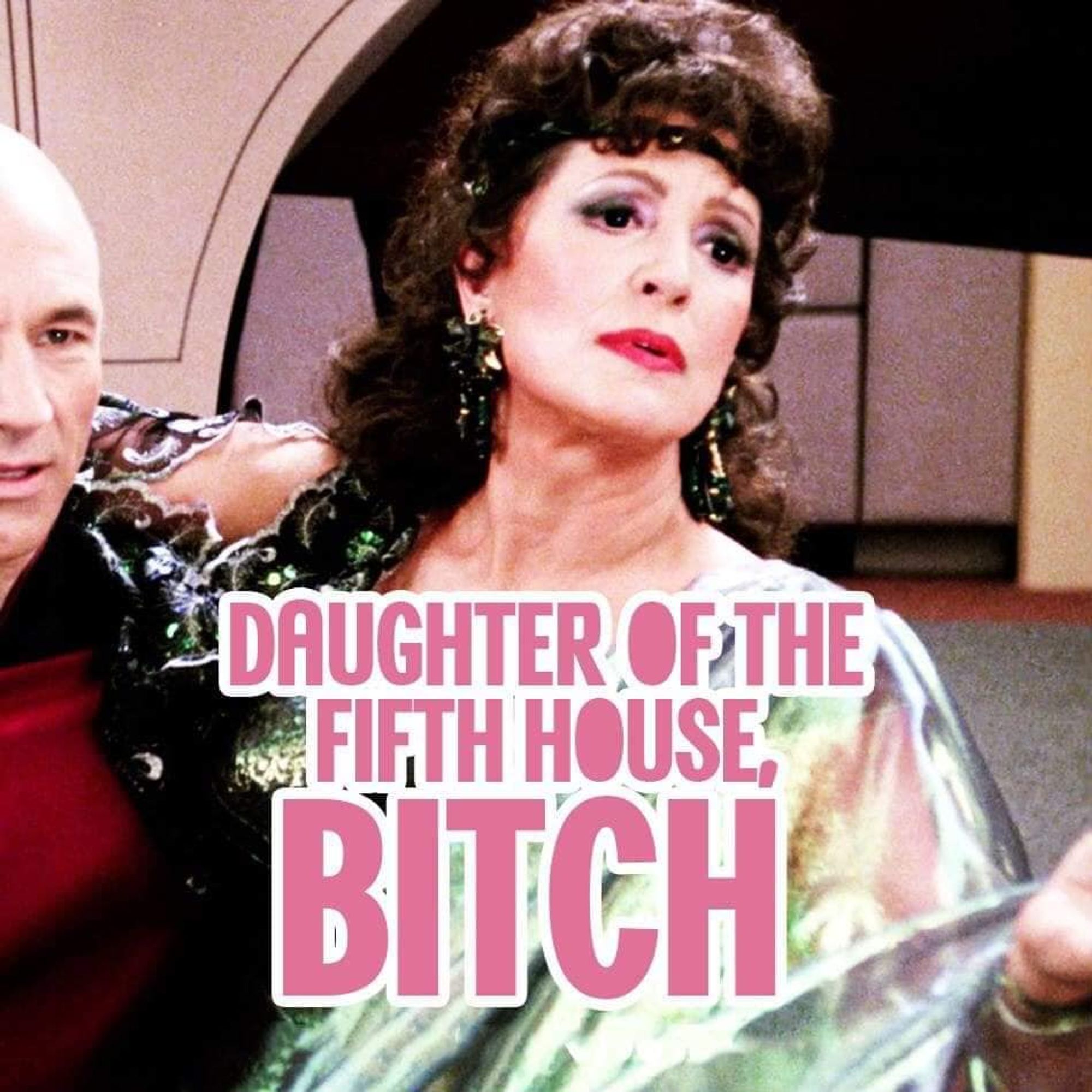 Curated meme by unknown author. Lwaxana Troi is sitting on Captain Picard's lap on the bridge in a translucent gown, with stylized text: Daughter of the Fifth House, Bitch