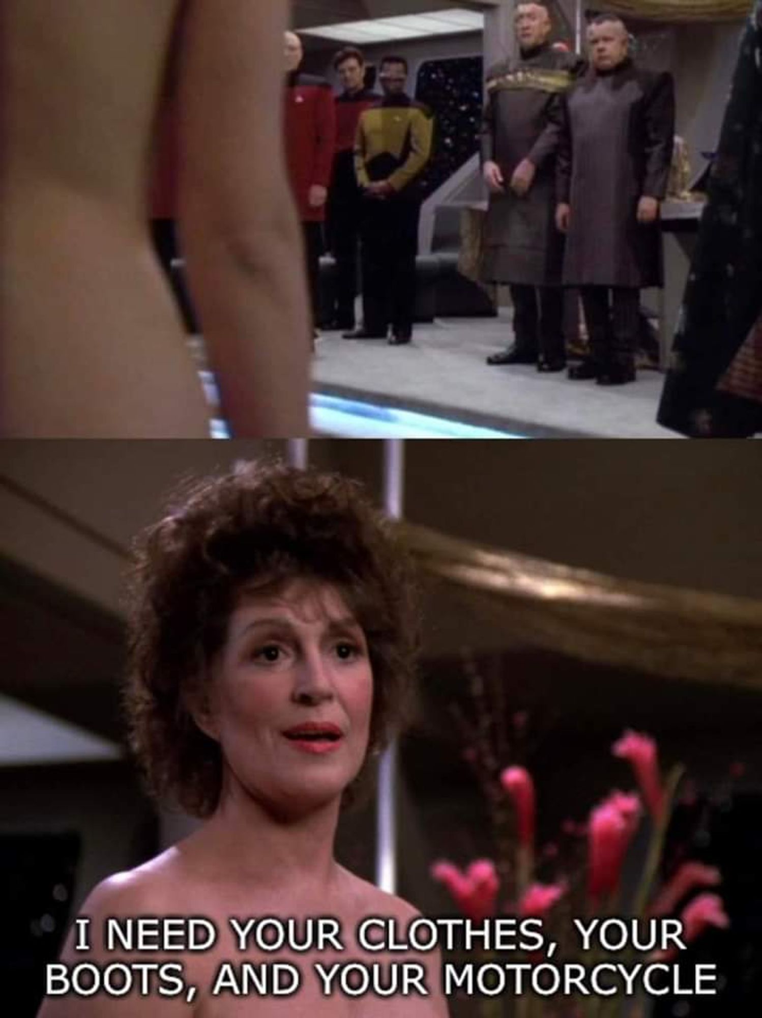 Curated two panel comic by unknown author, from a scene in TNG "Cost of Living" with Lwaxana Troi. First panel, the wedding party is shocked to see Lwaxana arrive naked to her wedding. Second panel, we see Lwaxana from the neck up, with caption: I need your clothes, your boots, and your motorcycle.