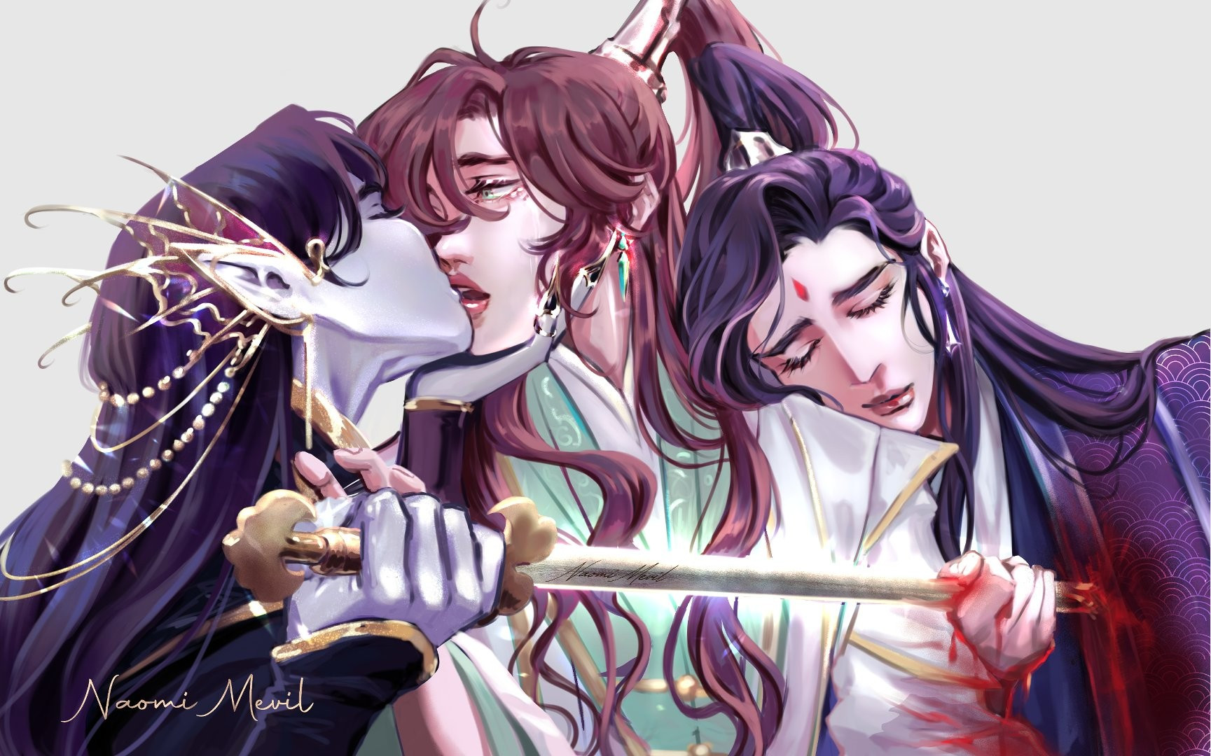 He xuan kissing shi Qingxuan who is in between him and shi wudu While he xuan stabs wudu