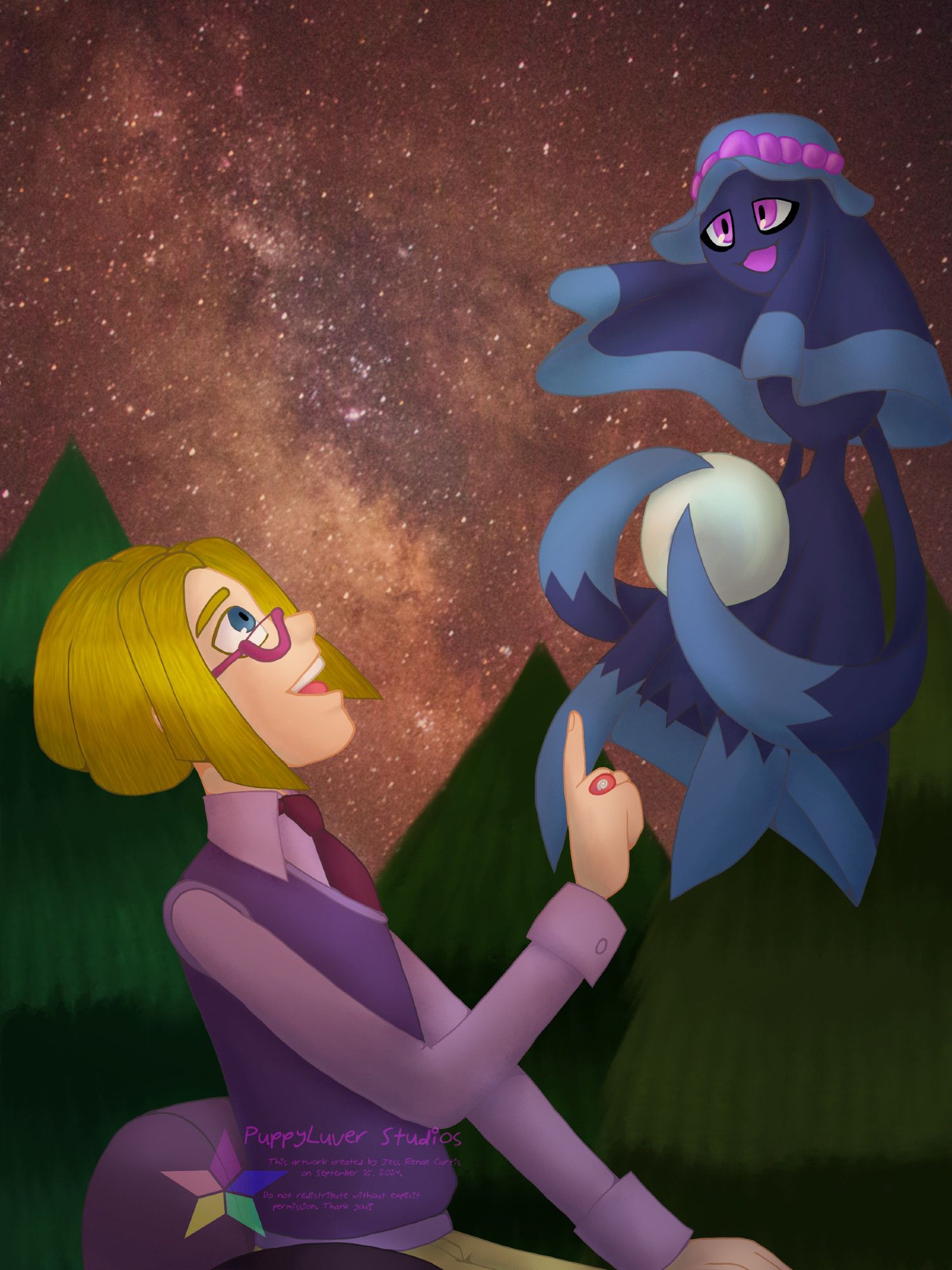 A man with light skin, short blonde hair, blue eyes, and glasses sitting in a wheelchair under a starry sky. He is wearing a lavender dress shirt, a maroon necktie, a violet sweater vest, khaki pants, and a pink spiral ring. He is pointing up to the sky in admiration. With him is a fan-made regional variant of the Pokemon Mismagius, which is blue instead of purple and resembles more of a typical fortune teller than a witch, complete with a crystal ball. The Misdreavus is also looking at the stars with awe. The stars in the sky are from a NASA photograph, partially obscured by three pine trees.