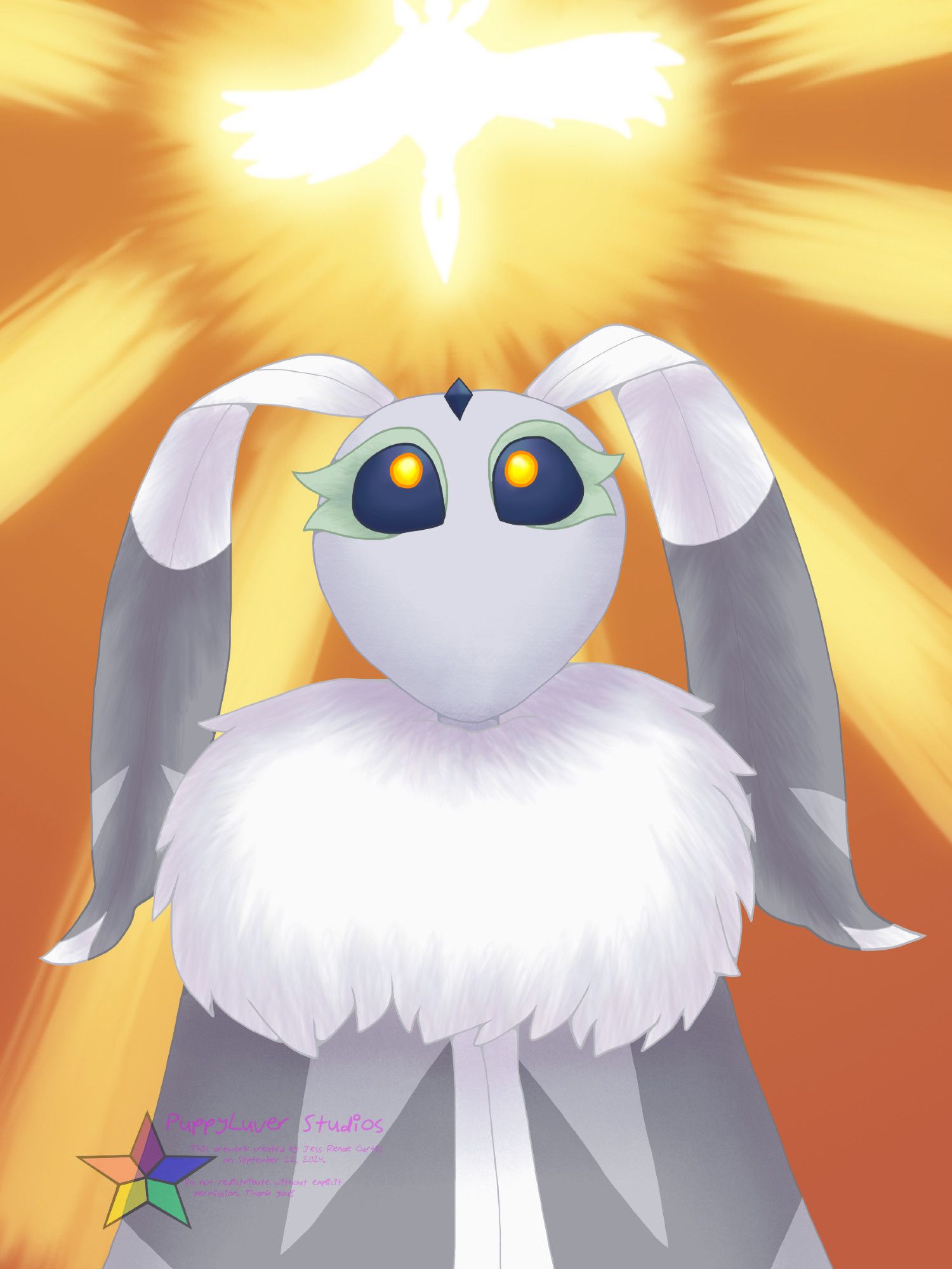 A moth resembling the Pokemon Frosmoth, in the style of a Hollow Knight character. He is looking up to the sky, with no clear expression on his face aside from an ominous orange glow in his eyes. The background is an orange sky with bright golden light pouring down from a glowing shape at the top of the image. The glowing shape resembles the Radiance from Hollow Knight.