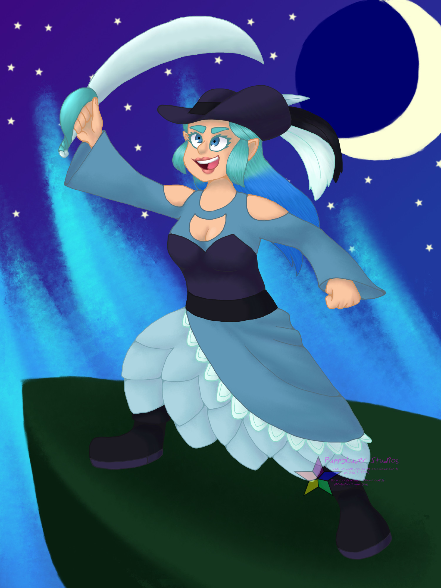 A halfling woman with light skin, long turquoise hair that fades into a blue gradient, and blue eyes. She is wearing a blue dress with a pale blue petticoat and dark blue corset, a dark blue pirate hat with blue feathers, and dark blue boots. She is holding a scimitar in the air and striking a dramatic pose. She is standing on a cliff with a large ocean wave crashing into it from behind. The sky is dark blue with pale stars scattered all over and a large crescent moon hanging overhead.