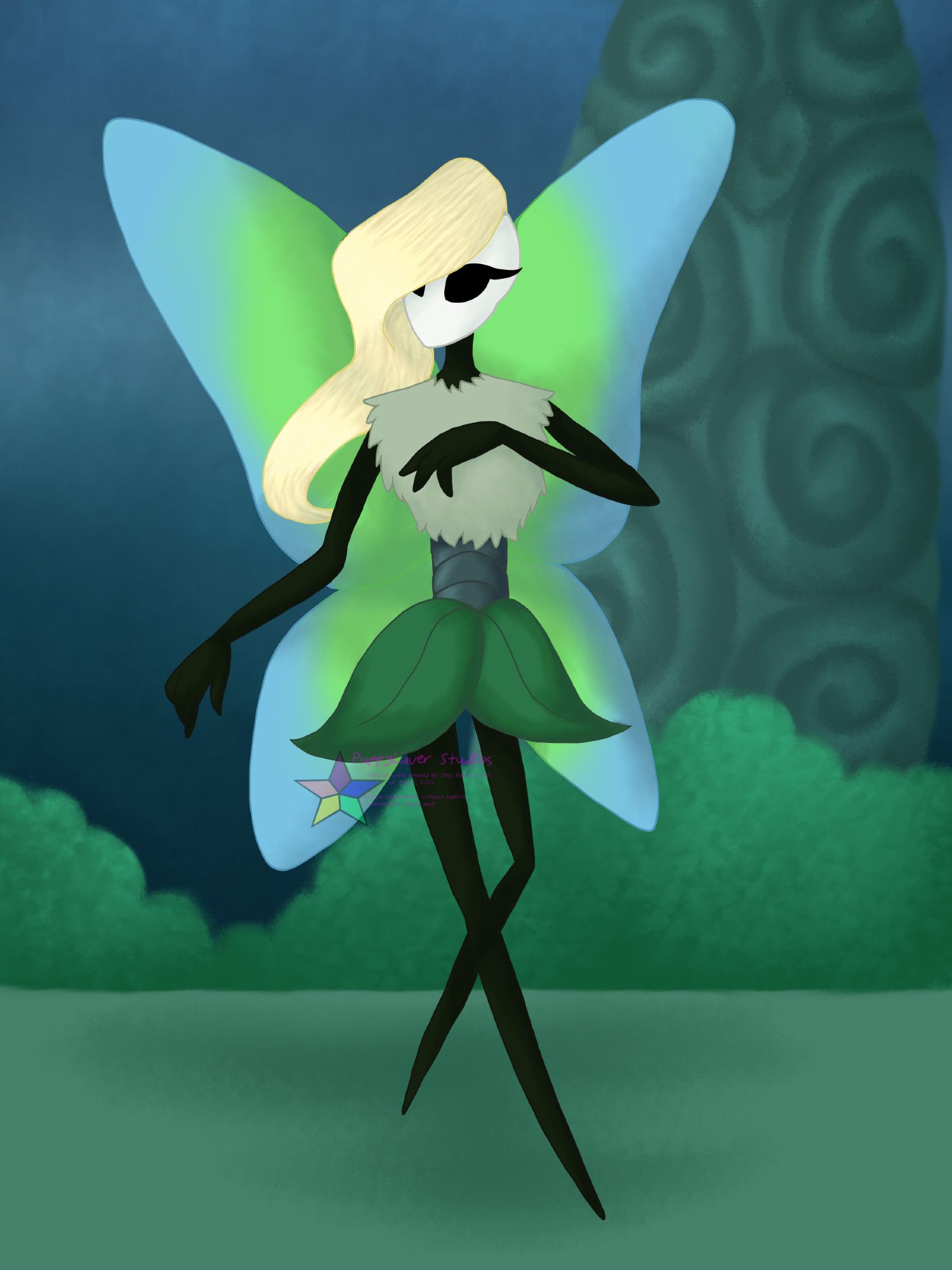 Leafwing, a butterfly in the style of Hollow Knight. She has a white mask-like face, long blonde hair, a black carapace with a blue-grey abdomen, and large green and blue wings. She is wearing a moss crop top shirt and a leaf skirt. She has one hand up to her chest as she walks along, looking back slightly. The background is an area of Greenpath, a forest-like location in Hollow Knight.