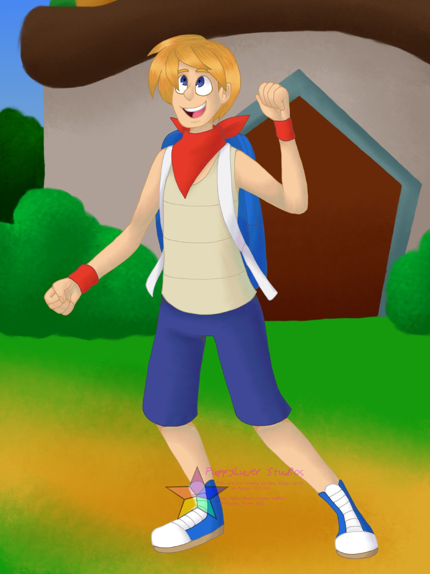 A human version of Kooper from Paper Mario. He is depicted with light skin, blonde hair, and dark blue eyes. He is wearing a red bandanna, red wrist bands, a beige tank top, blue shorts, and blue high-top sneakers. He has a blue backpack on his back. He is holding his arm up and smiling, appearing excited to get going somewhere. The background is Koopa Village.