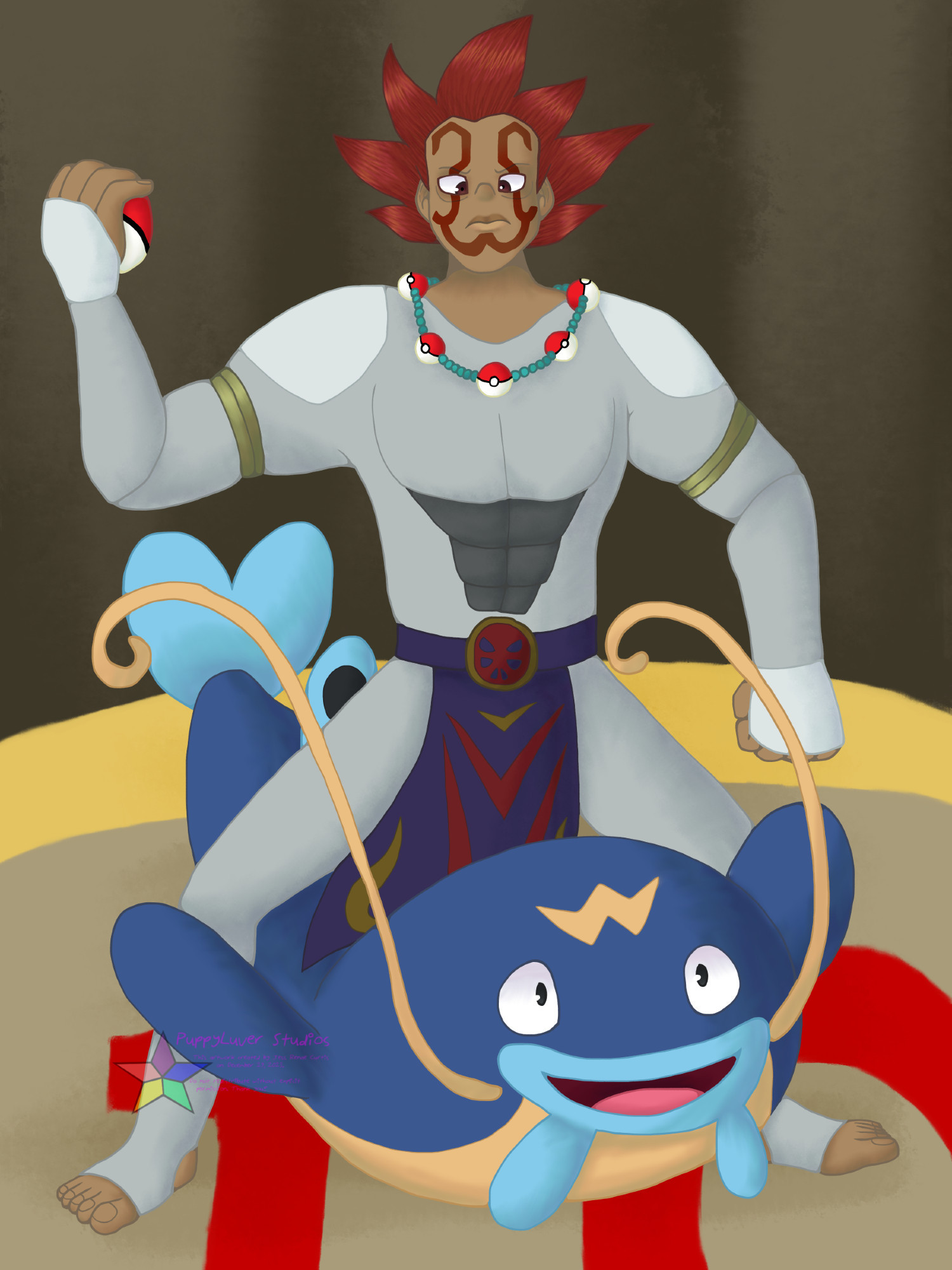 Dakim, one of the admins of the Cipher Syndicate, with his Whiscash. Dakim is holding a Pokeball up and glaring down at the viewer, standing in a solid position. His Whiscash, a blue catfish-like Pokemon, is sitting underneath him. The background is the area surrounding the number 10 platform in Mt. Battle.