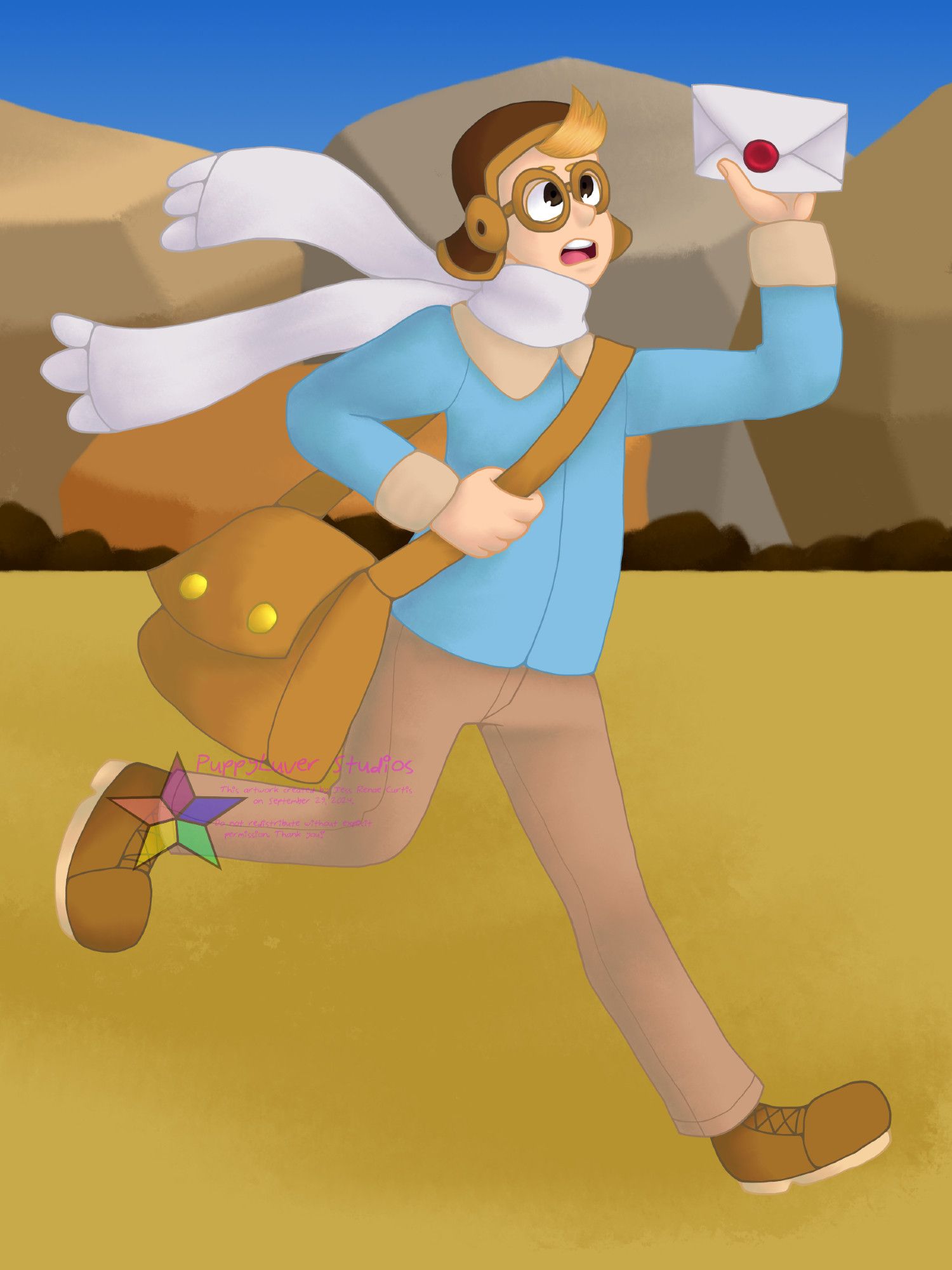 A human version of Parakarry from Paper Mario. He is depicted with light skin, blonde hair, and brown eyes. He is wearing a brown pilot's hat with matching goggles, a blue and cream flight jacket, a long white scarf, khaki pants, and brown work boots. He has a tan mail bag slung over his shoulder and is running while holding a white envelope with a red seal sticker on the opening flap. The background is Mt. Rugged.