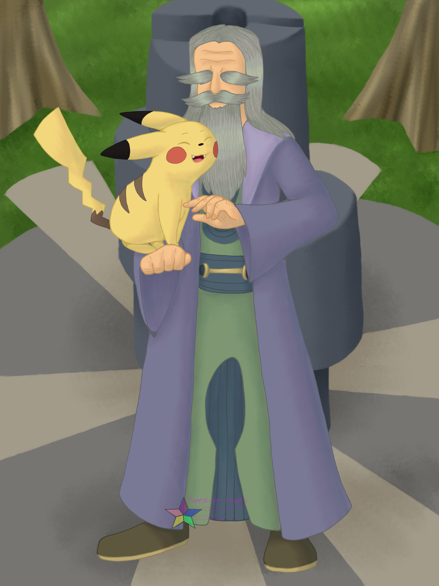 Eagun, the elder of Agate Village and Rui's grandfather in Pokemon Colosseum, with his Pikachu. He has an arm out for his Pikachu to perch on, which he is doing so as he nuzzles his Trainer's chest happily. The background is the interior of Relic Forest in Agate Village.