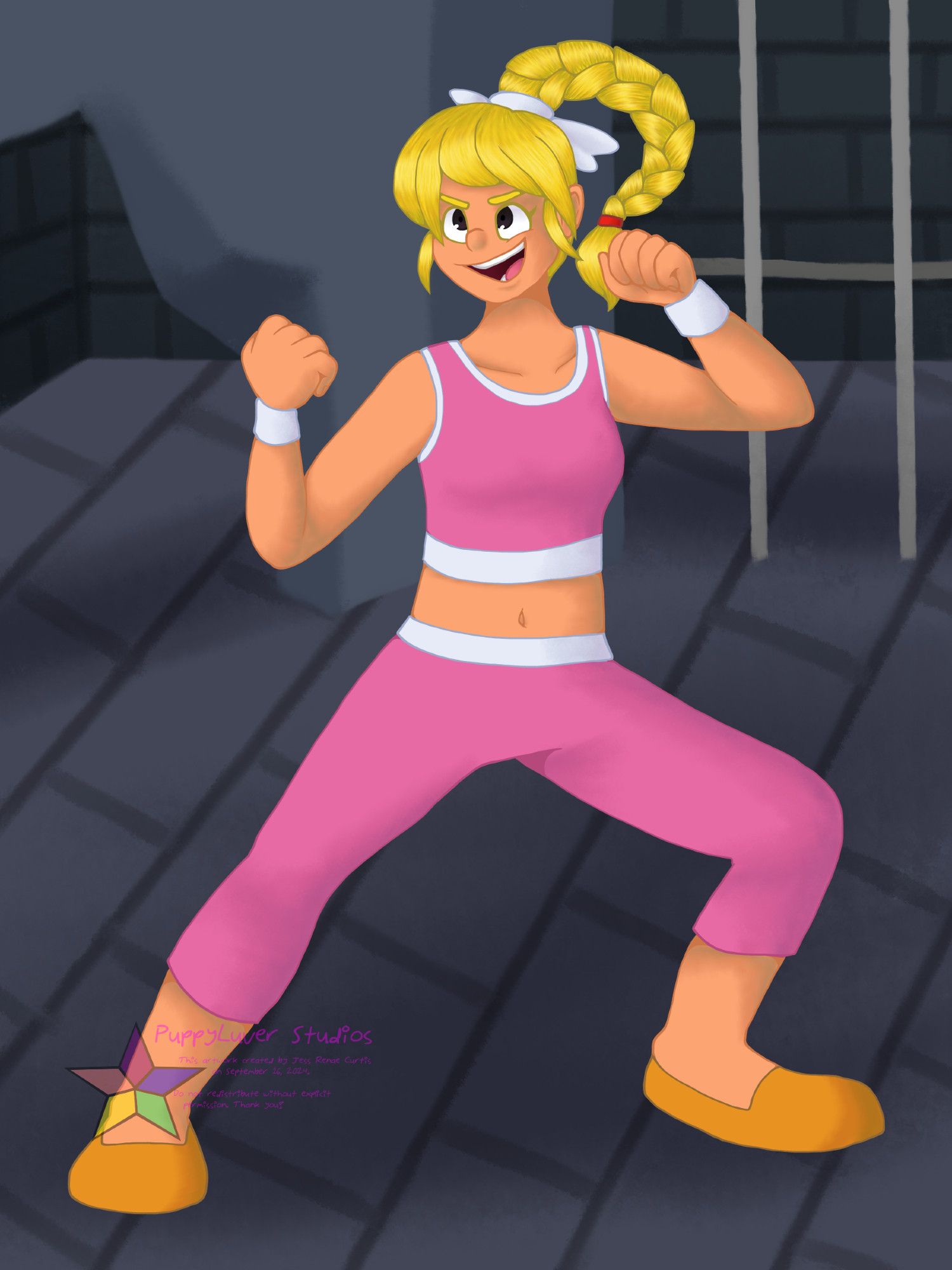 A human version of Bombette from Paper Mario. She is depicted with slightly tanned light skin, blonde hair in a long braid, and brown eyes. She is wearing a pink sporty tank top with white trim that exposes her midriff, pink running pants with a white waist band, white wrist bands, and orange slip-on shoes. She is standing in a fighter's stance, her arms held up in fists as she's raring to go. The background is the jail area of Koopa Bros Fortress, with one wall blown open.