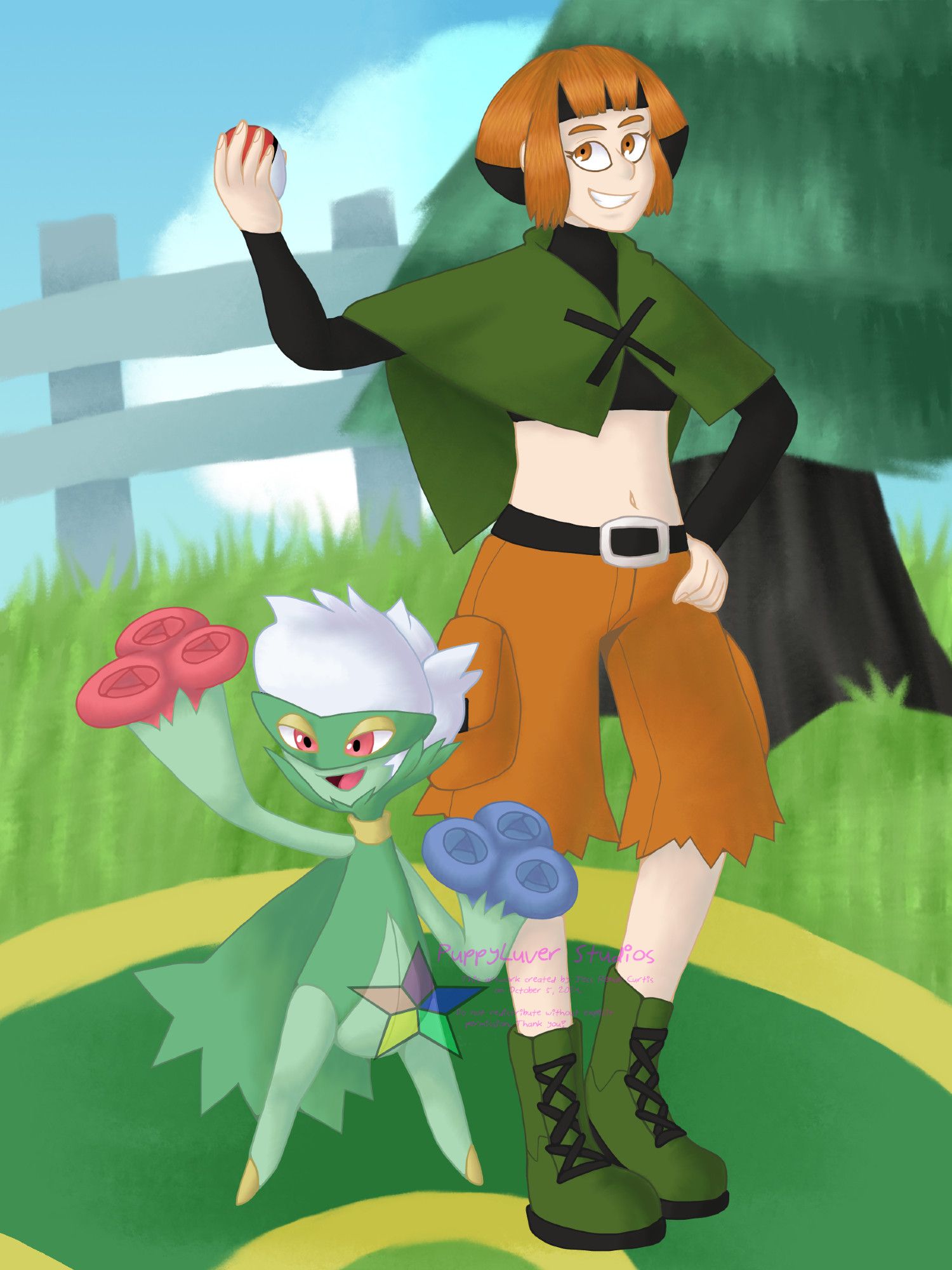 Gardenia, the Gym Leader of Eterna City from Pokemon Diamond, Pearl, and Platinum, with her Roserade. She has one hand on her hip and is holding a red and white Pokeball, a friendly smile on her face. Her Roserade, a green Pokemon resembling a small masked rose-themed humanoid, is holding one of its arms up in a confident pose. The background is the arena area in Eterna City Gym.