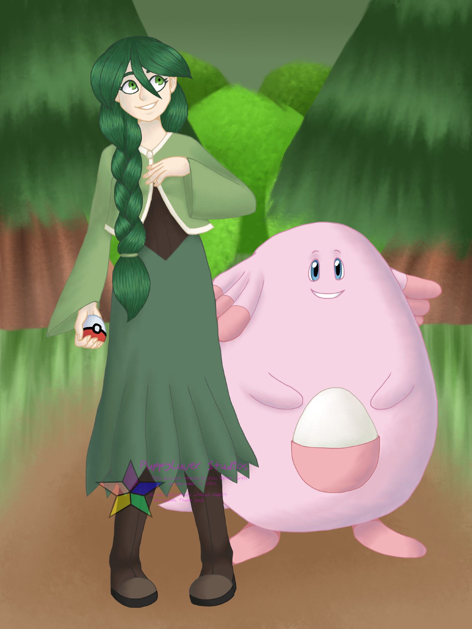 Cheryl, a Trainer you partner up with in Pokemon Diamond, Pearl, and Platinum, with her Chansey. She has her hand up to her chest, her other hand holding a red and white Pokeball. Her Chansey, a pink egg-shaped Pokemon with an egg pouch on its belly, is standing beside her with a smile on its face. The background is the Eterna Forest.