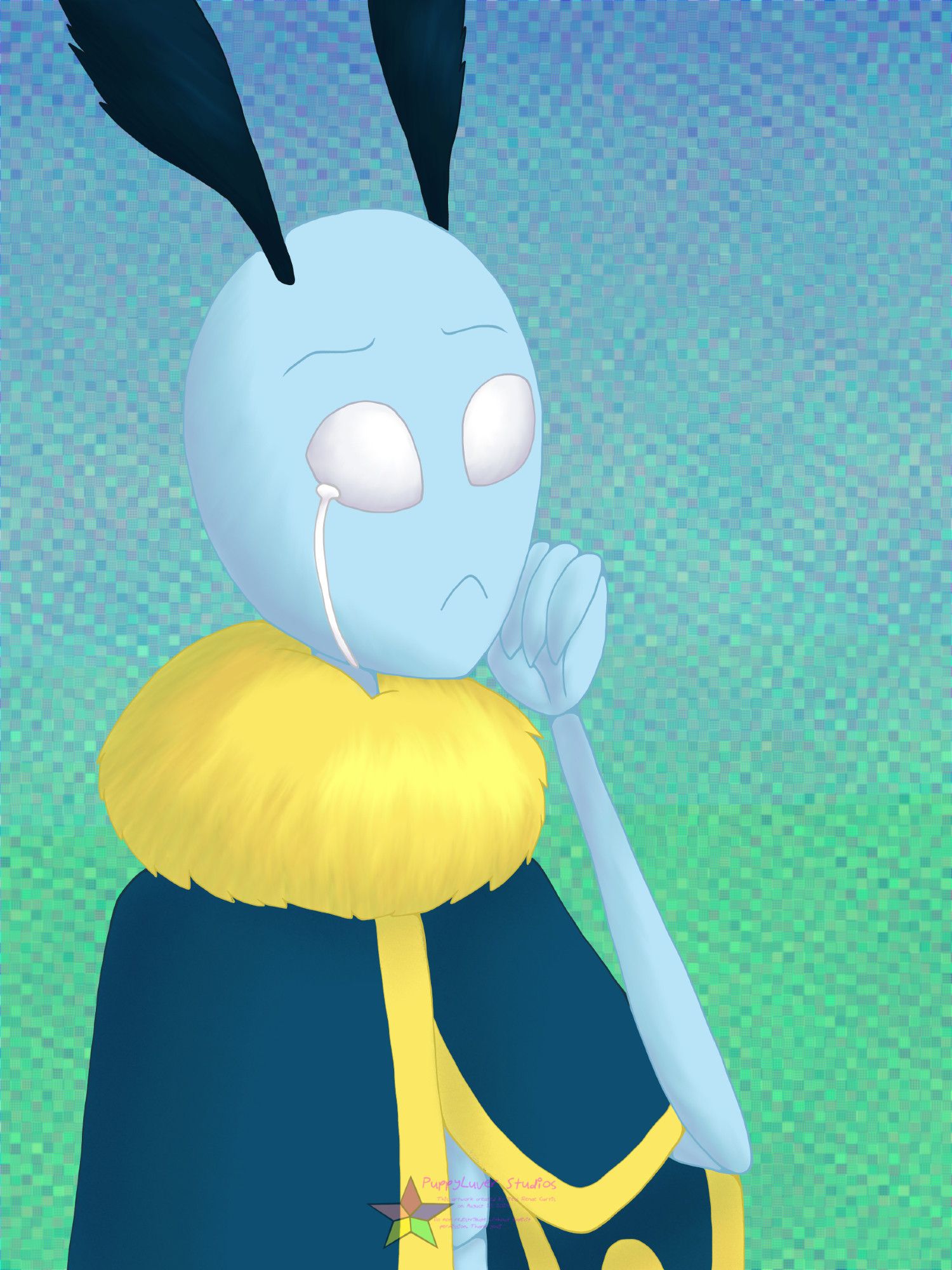 Leif from Bug Fables. He has one hand on his chin as a single tear streams down his face. The background is a pixelated gradient of blue and green.