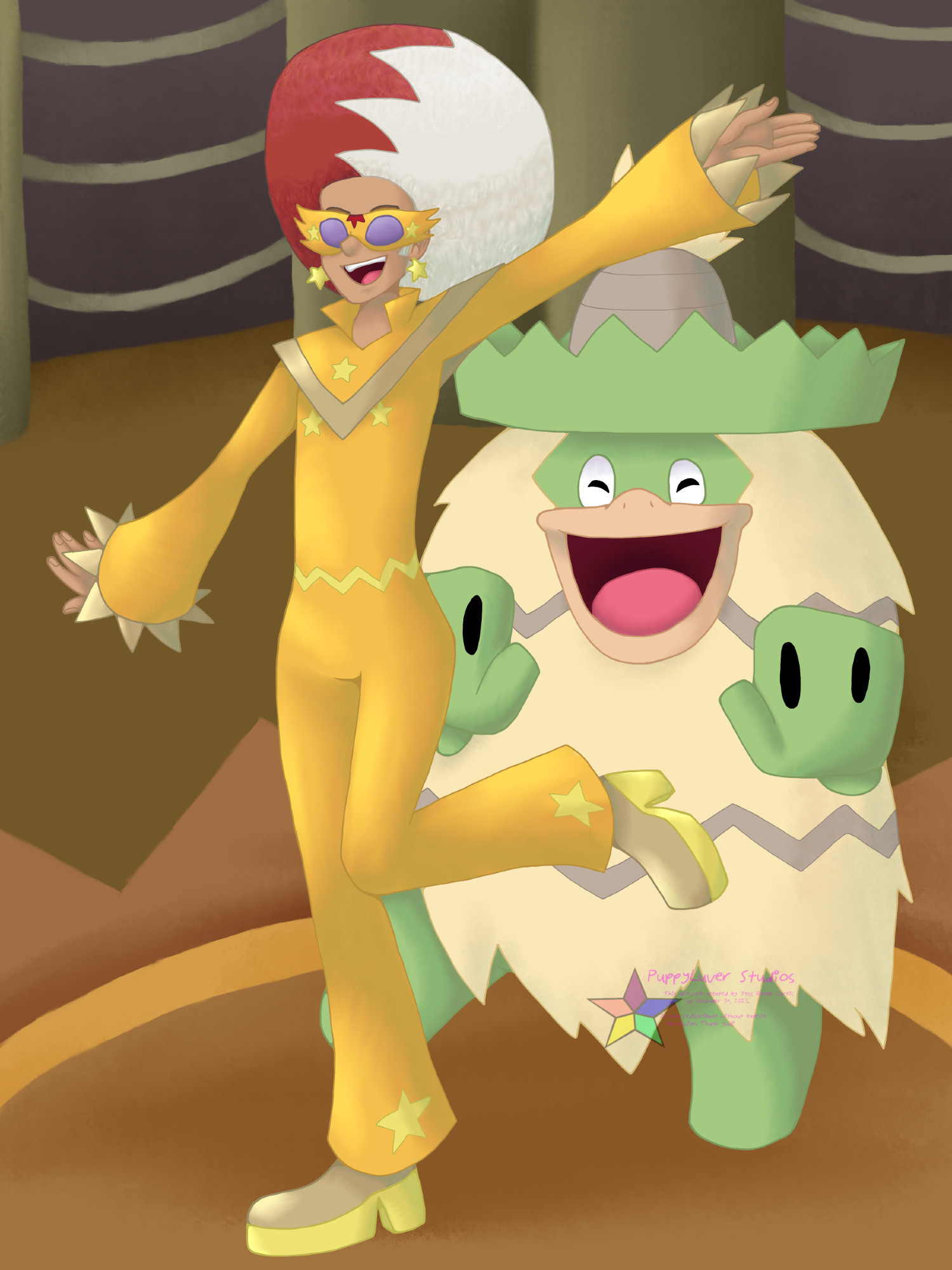 Miror B, one of the admins of the Cipher Syndicate, with one of his Ludicolo. Both of them are excitedly dancing. The background is Miror B's room in Pyrite Cave.