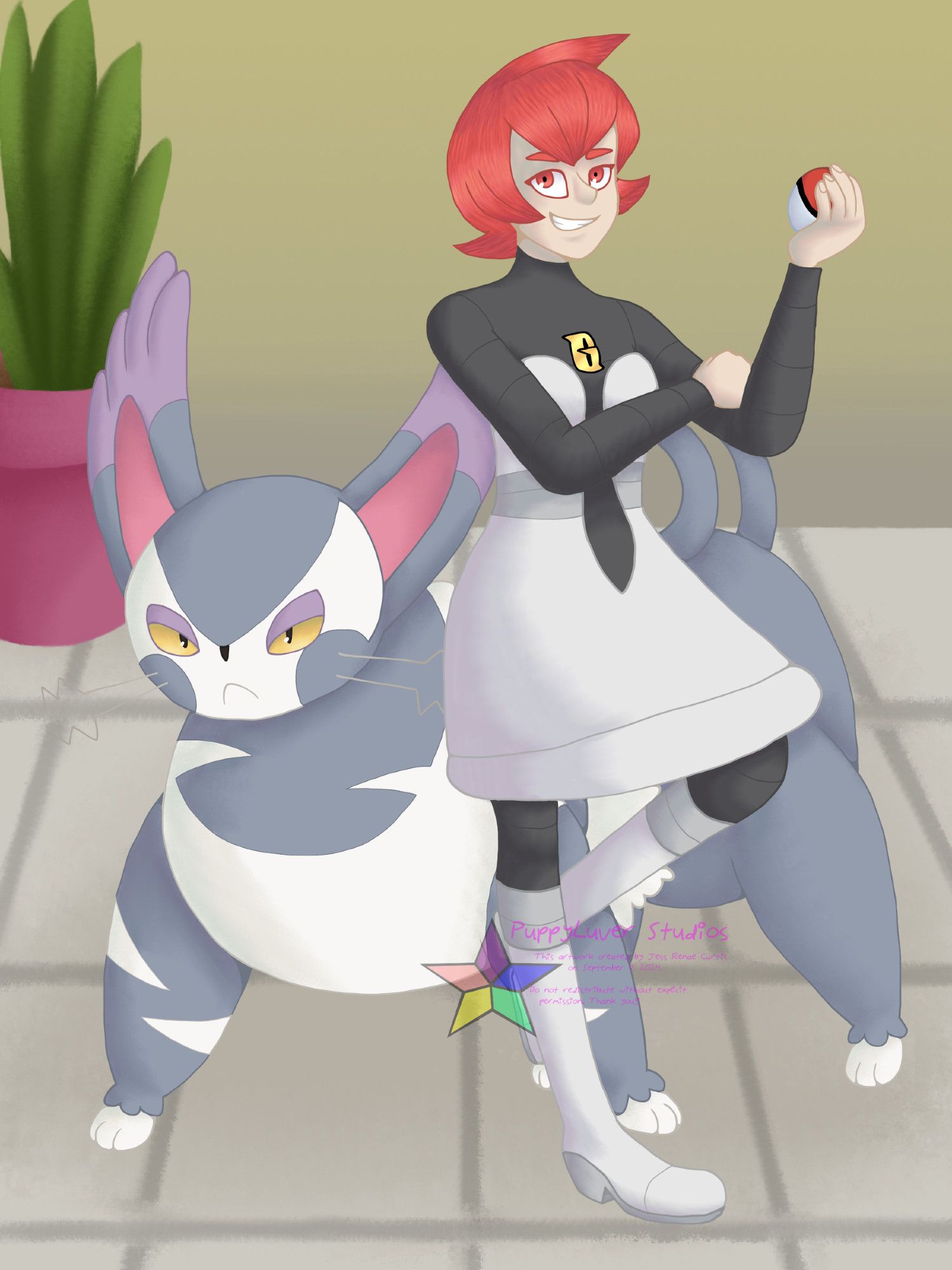 Mars, one of Team Galactic's commanders in Pokemon Diamond, Pearl, and Platinum, with her Purugly. She has her arms crossed, one hand holding up a red and white Pokeball, and slightly leaning against her Purugly, a large grey and white cat-like Pokemon that is glaring at the viewer. The background is the back room of the Valley Windworks, with beige walls, a grey tile floor, and a potted plant on the left-hand side of the image.