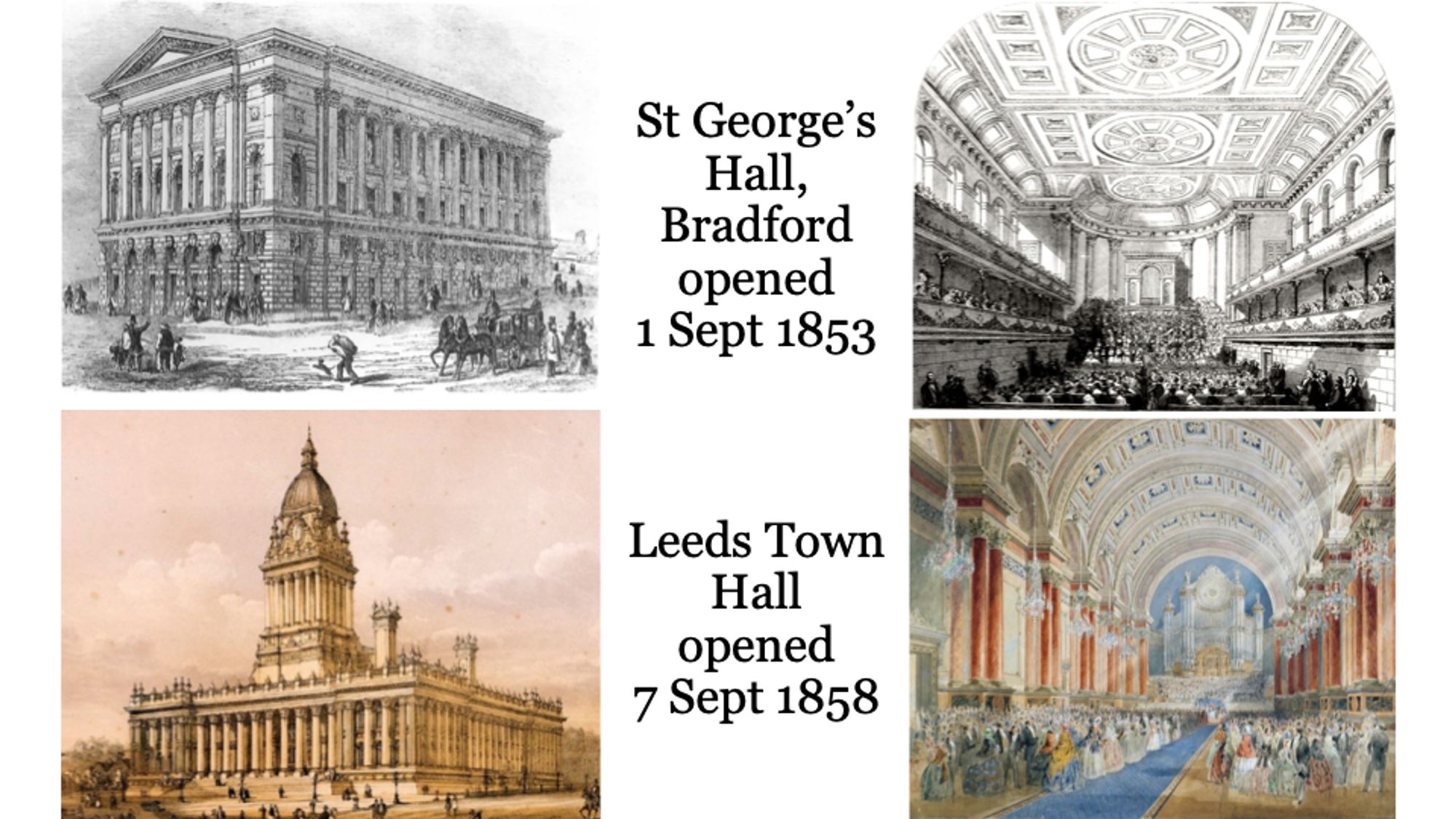 Exterior and interior illustrations of St George's Hall, Bradford and Leeds Town Hall. Both are neo-classical designs. Leeds added a grand tower - at the suggestion of Sir Charles Barry, who oversaw the architectural competition. The watercolour of the interior of the Victoria Hall, Leeds, was by Cuthbert Brodrick (1821-1905), the Hull architect who won the competition. The Bradford hall was designed by Lockwood and Mawson. Brodrick had been a pupil of Mawson in Hull. Leeds sculptor Robert Mawer worked on both buildings.