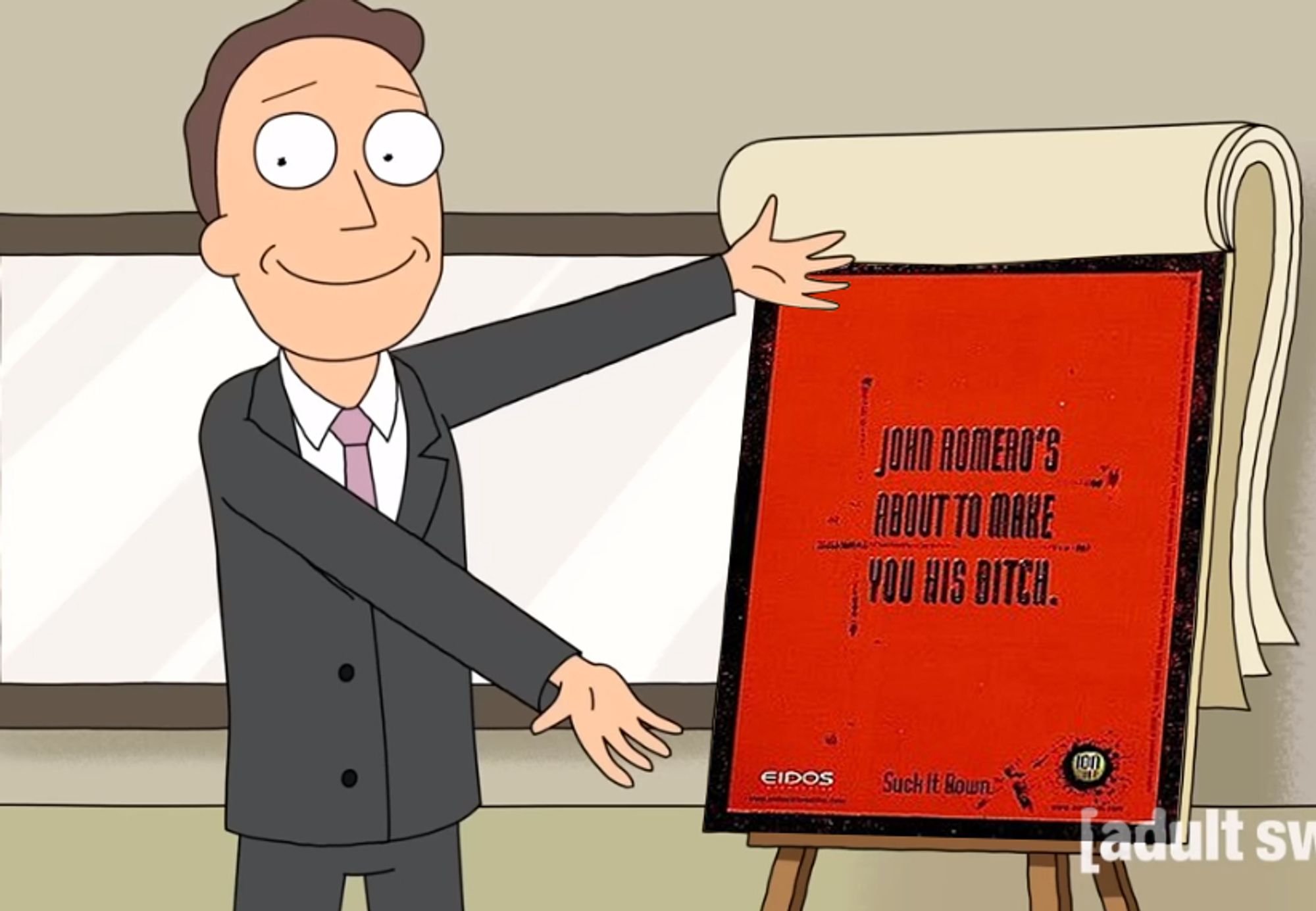 Jerry Smith from the beloved and acclaimed show Rick and Morty pointing towards a "JOHN ROMER'S ABOUT TO MAKE YOU HIS BITCH" ad superimposed in place of the "HUNGRY FOR APPLES?" sign.