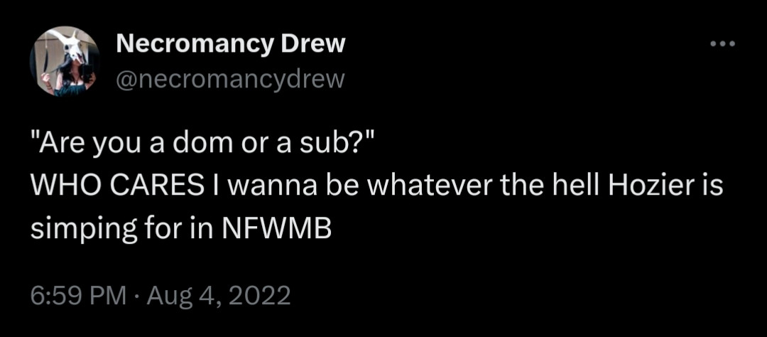 Necromancy Drew
@necromancydrew
"Are you a dom or a sub?" 
WHO CARES I wanna be whatever the hell Hozier is simping for in NFWMB
6:59 PM · Aug 4, 2022