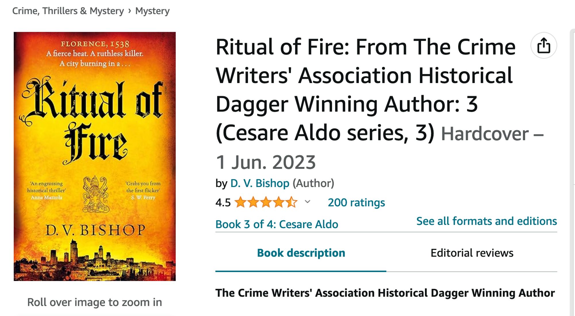 Screenshot showing the historical thriller Ritual of Fire - third in the Cesare Aldo series by D V Bishop - now has 200 ratings and reviews on Amazon's UK site. It has a mean of 4.5 stars out of 5.