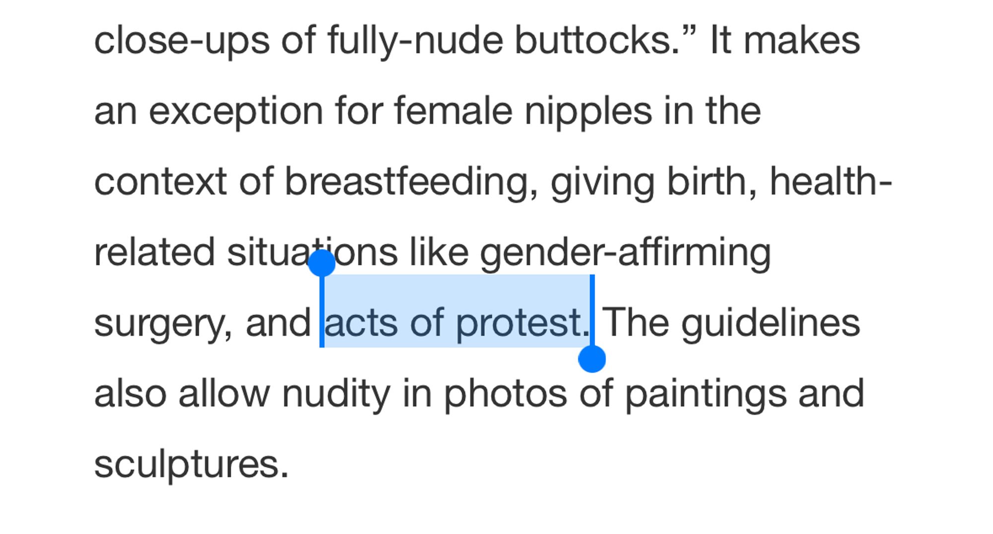 Quote from the linked article highlighting that Meta makes exceptions for female nipples in the context of “acts of protest”