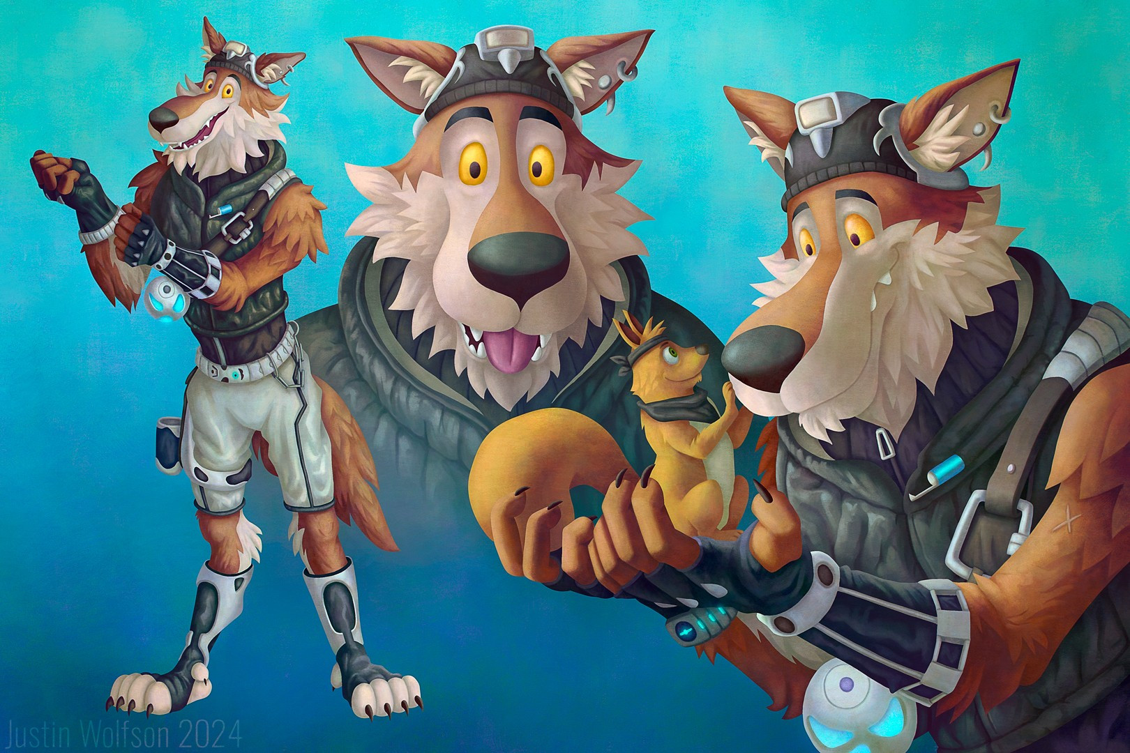 a digital illustration of three images of Wendell the wolf from the video game Fortnite and his pet squirrel Walnut. On the left he looks towards camera while adjusting the glove on his right hand with his other arm. In the center, he looks towards camera with a happy expression with an open mouth and tongue hanging out much like a dog. On the right side, Wendell holds his pet squirrel Walnut who touches Wendell on the snout. Wendell looks at his pet with glowing admiration.