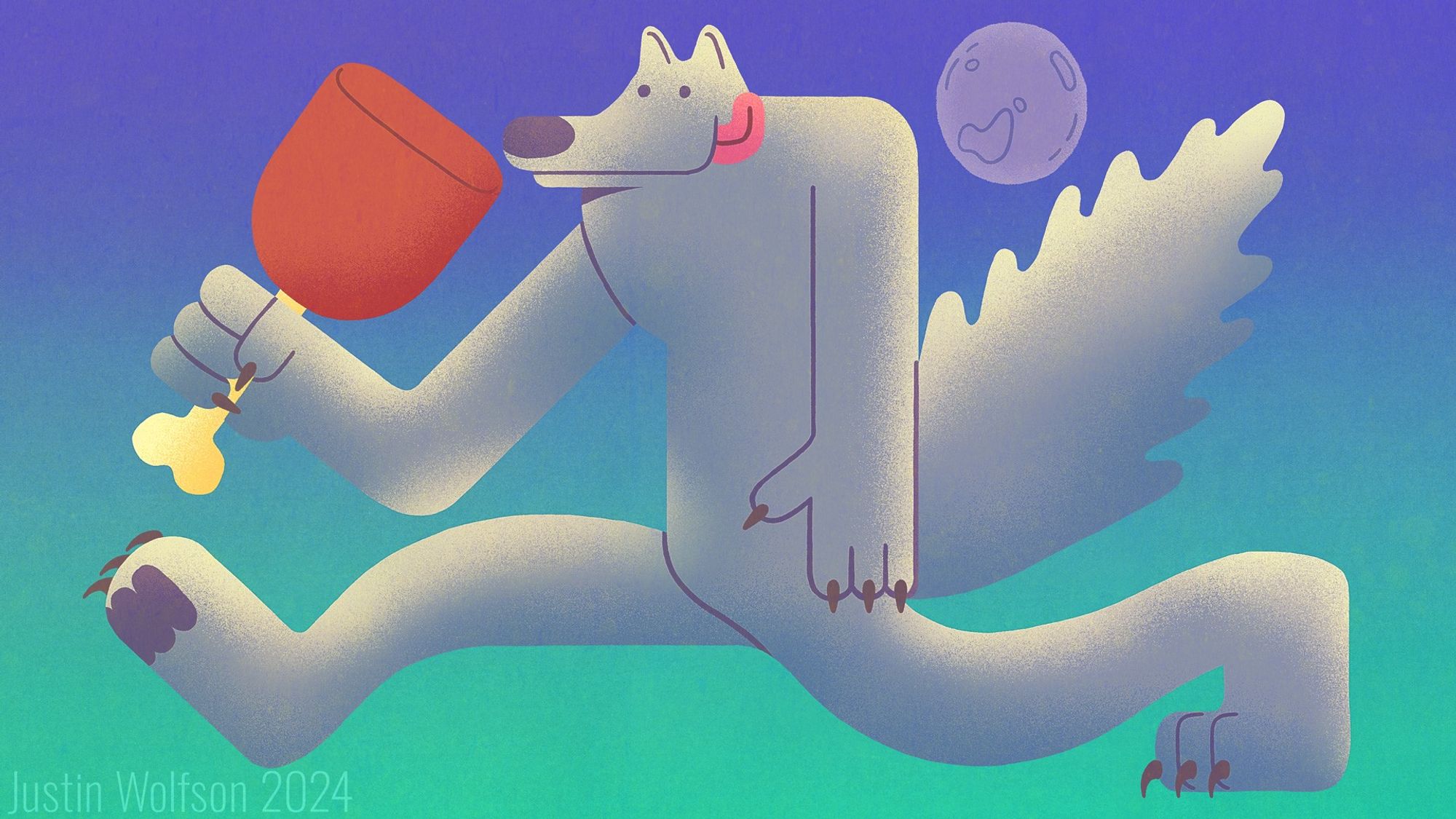 an illustration of a cartoon wolf in the style of Alegria and Corporate Memphis, a style of art used by large tech companies with exaggerated forms and shapes and bright color. Our grey wolf character is in a walking pose with an outstretched arm holding a large leg of brown meat on a bone, his tongue hanging out in preparation of enjoying his meal. in the background a teal and blue gradient shows a moon in the distance.