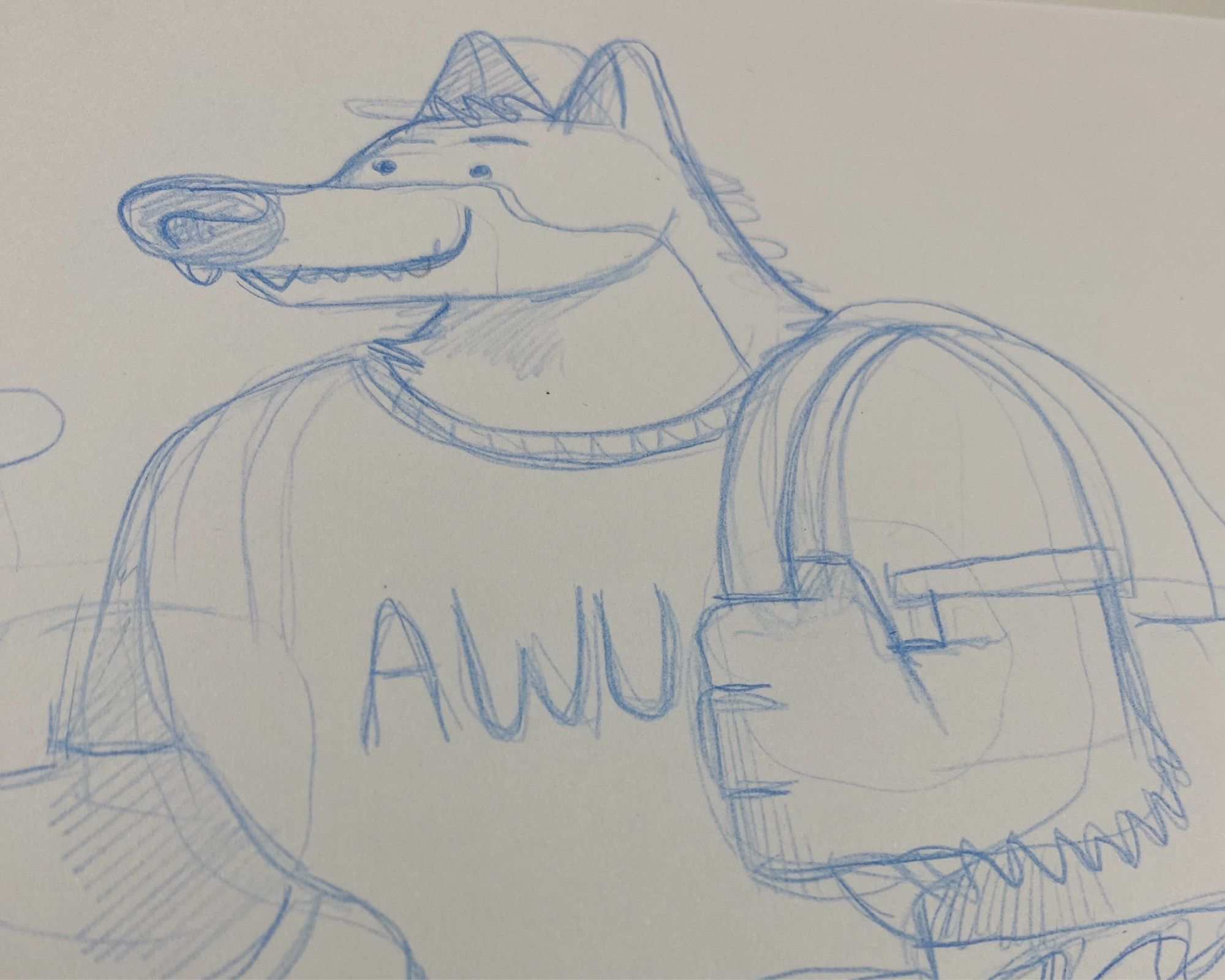 a blue pencil sketch of a cartoon werewolf with a backpack hanging over a shoulder with a college shirt that reads “AWU”, the American werewolf university